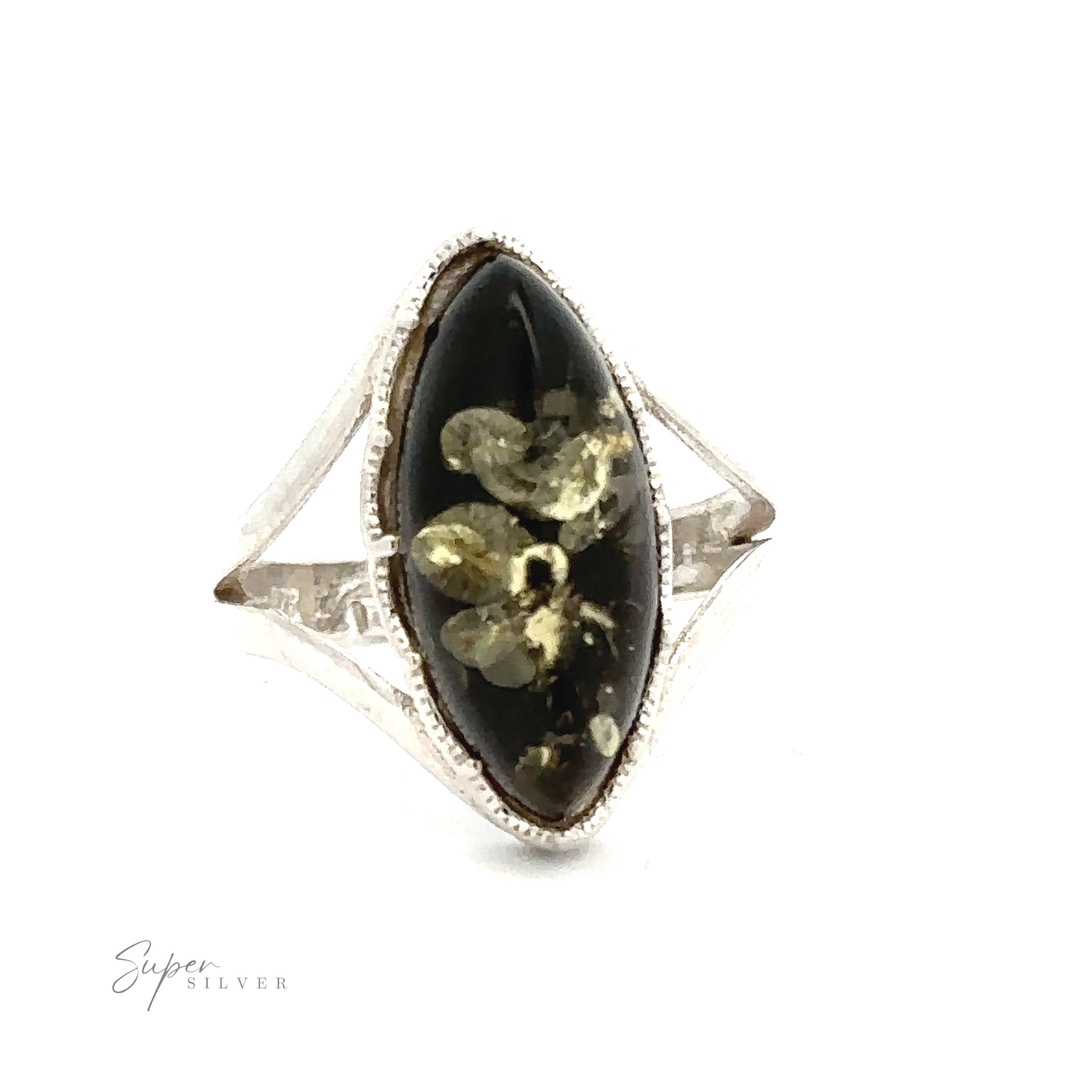 A Marquise-Shaped Baltic Amber Adjustable Ring featuring an elongated, marquise-shaped black gemstone with yellowish floral-like inclusions. The geometric cut-out band is adjustable for a perfect fit. "Super Silver" is elegantly printed at the bottom.