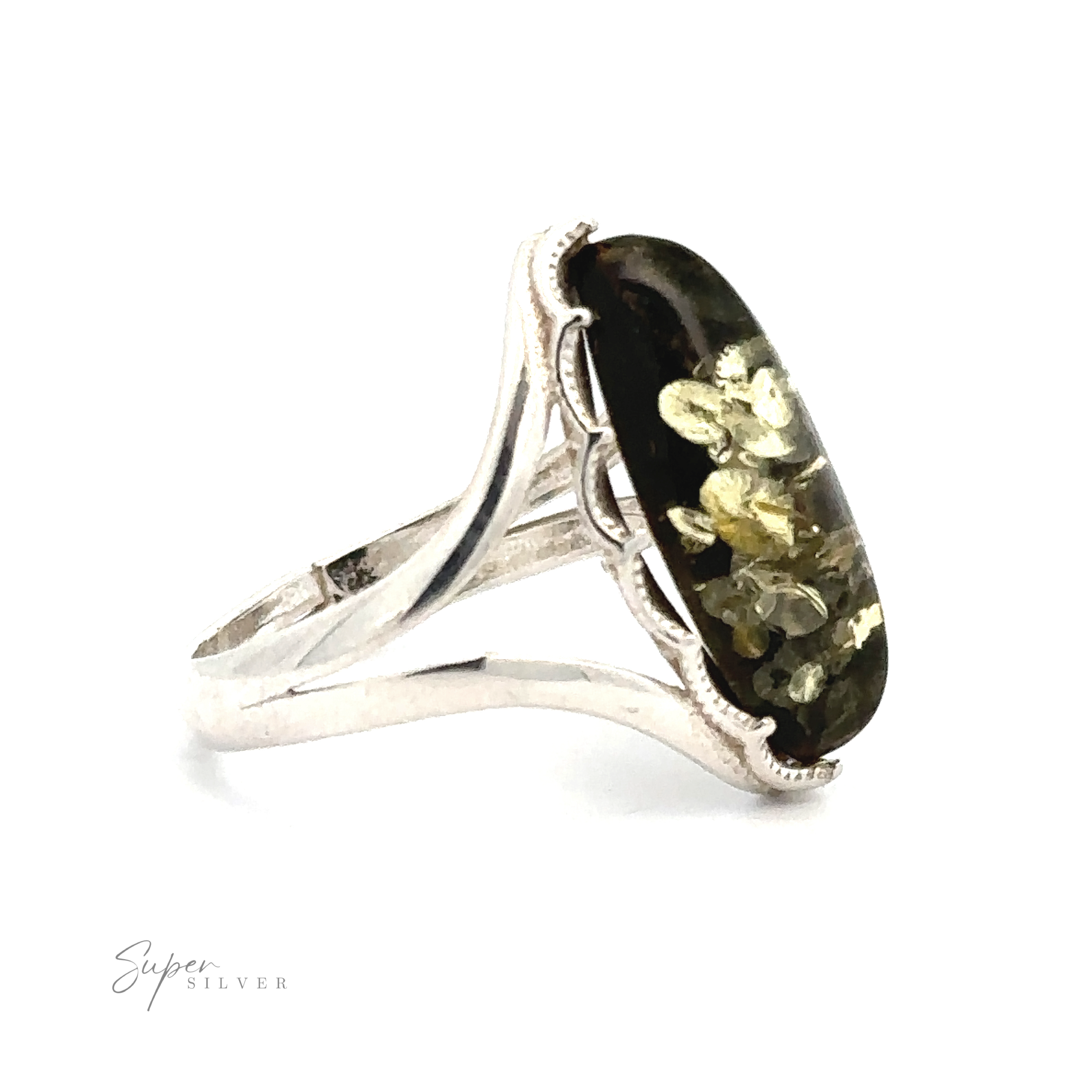 A Marquise-Shaped Baltic Amber Adjustable Ring featuring an oval black stone with gold-colored floral patterns, displayed against a white background. The ring band has a split shank design and the word "Super Silver" is inscribed. This elegant piece is reminiscent of an amber ring, capturing timeless beauty.