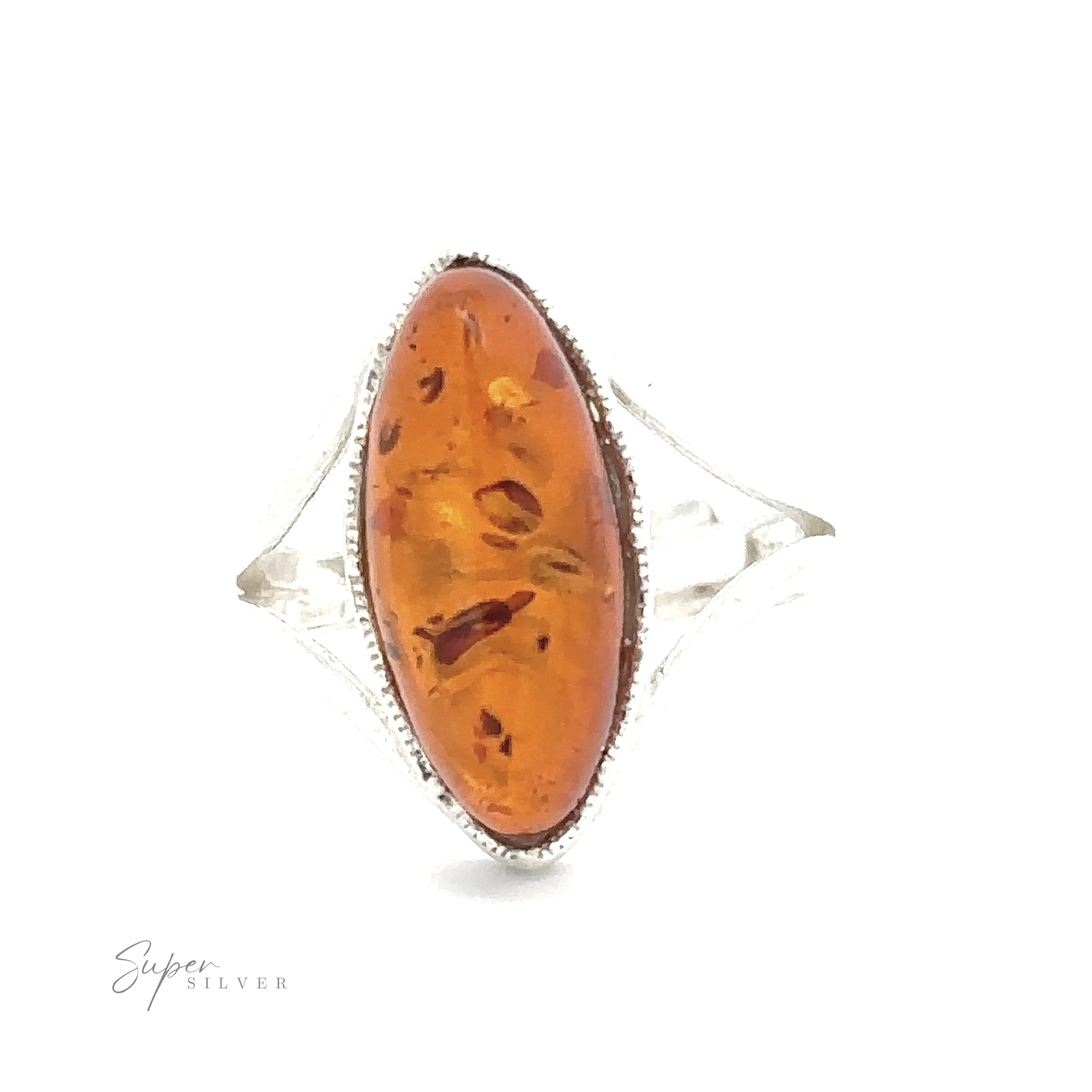 Marquise-Shaped Baltic Amber Adjustable Ring, photographed against a plain white background.