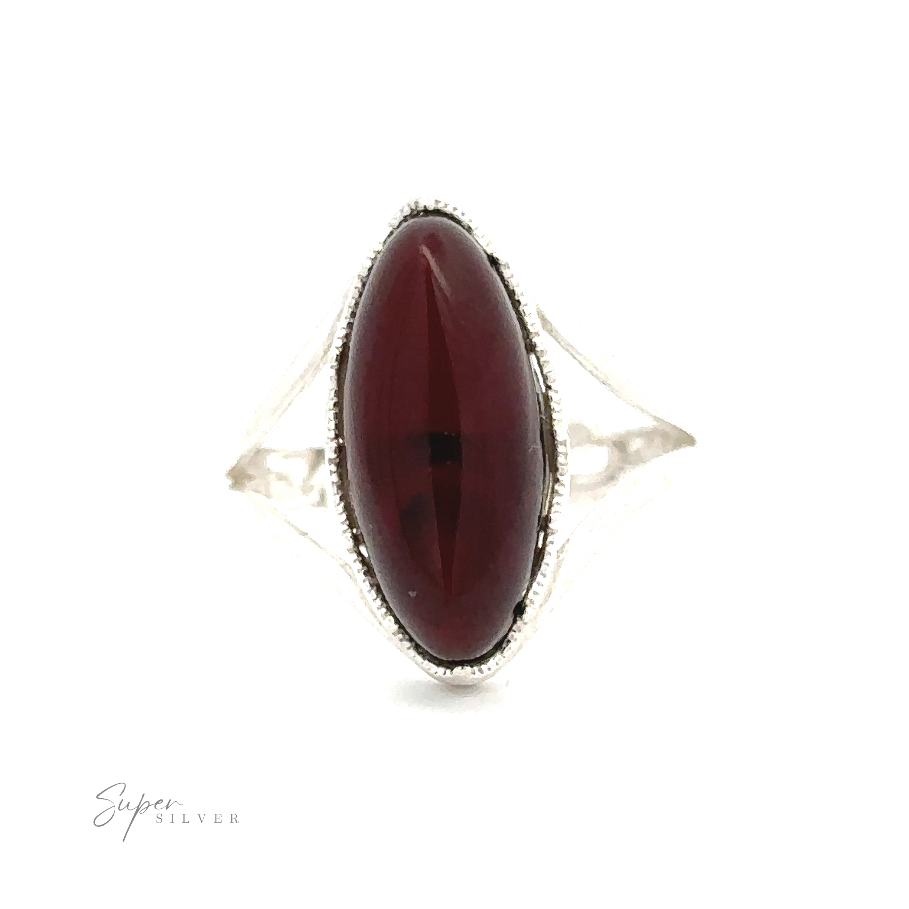 A Marquise-Shaped Baltic Amber Adjustable Ring featuring a long oval-shaped, dark red gemstone set in an adjustable band. The logo "Super Silver" is visible at the bottom left corner.