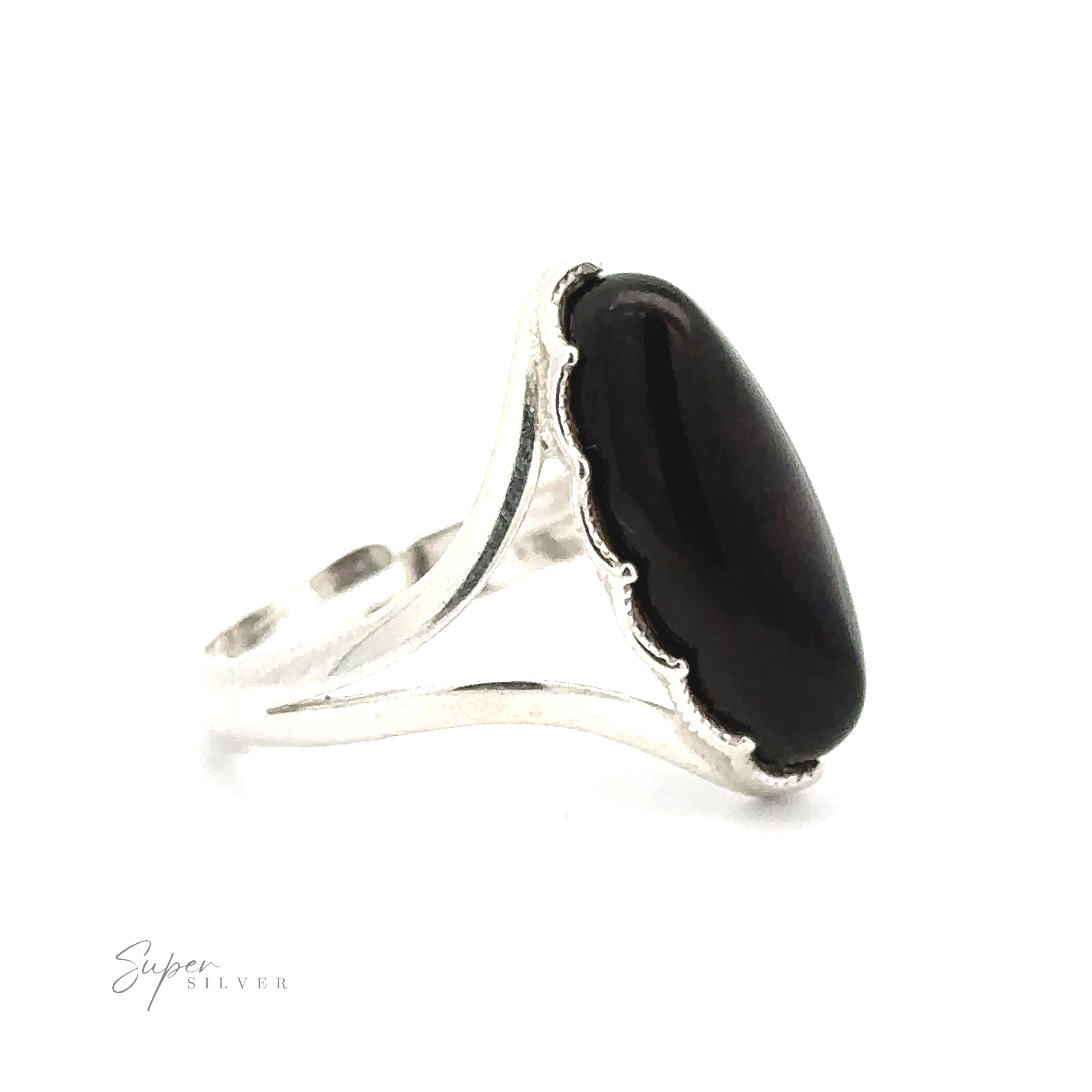 A Marquise-Shaped Baltic Amber Adjustable Ring featuring a large oval black stone set in a simple, adjustable band, with minimal decorative detailing.