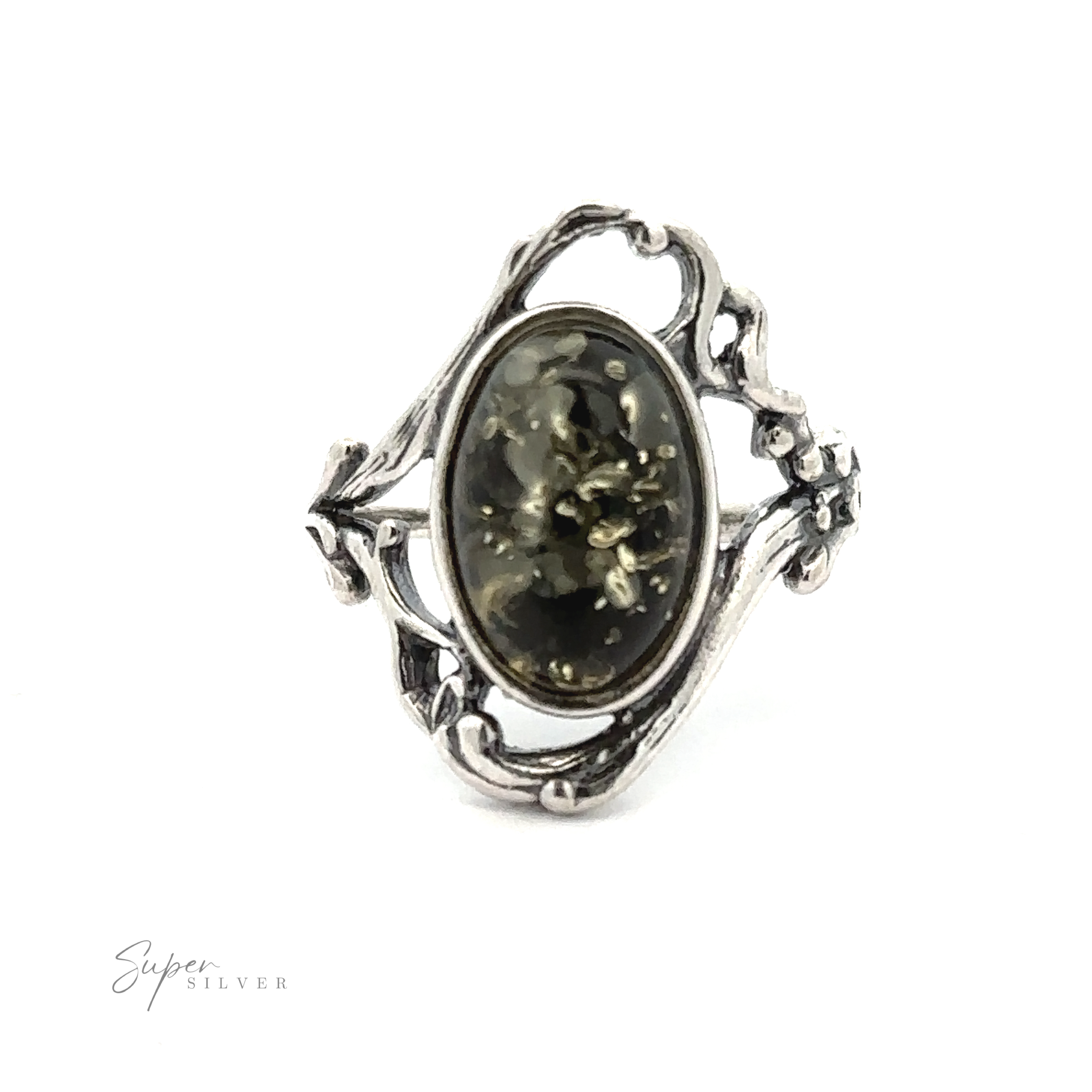 An Amber Ring with Vine Detailing holding an oval-shaped, dark gemstone in the center. The gemstone appears to have embedded metallic specks, adding to its antique allure. A "Super Silver" logo is at the bottom left.