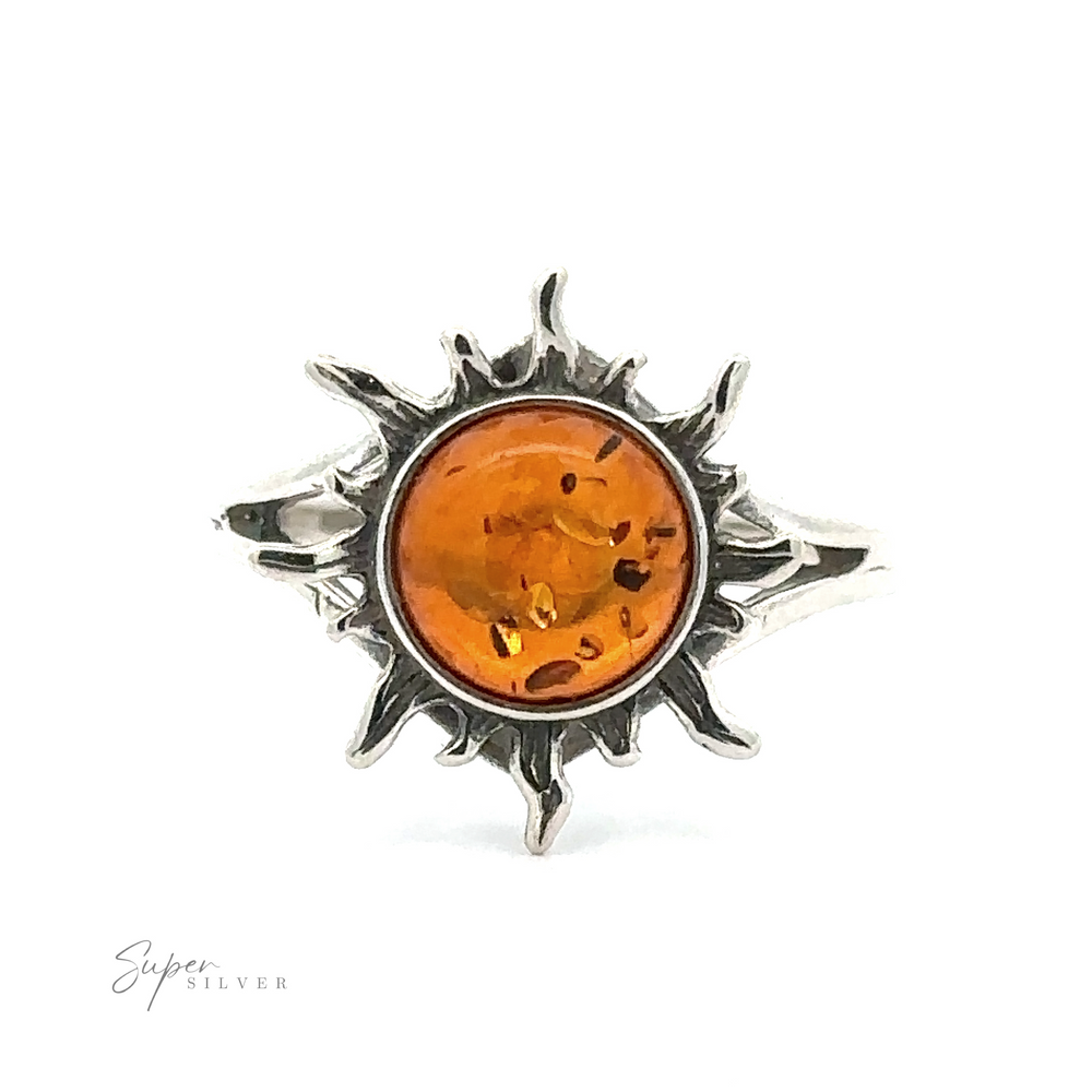 
                  
                    Glowing Amber Sun Ring set in a sterling silver sunburst ring, displayed against a white background.
                  
                
