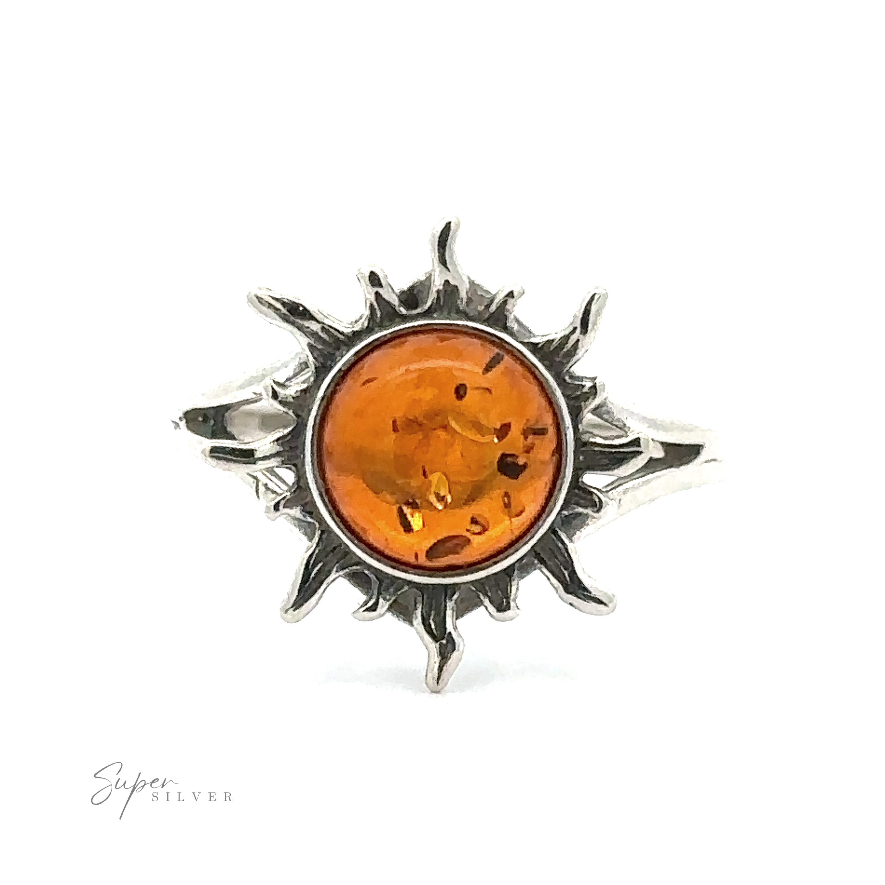 Glowing Amber Sun Ring set in a sterling silver sunburst ring, displayed against a white background.