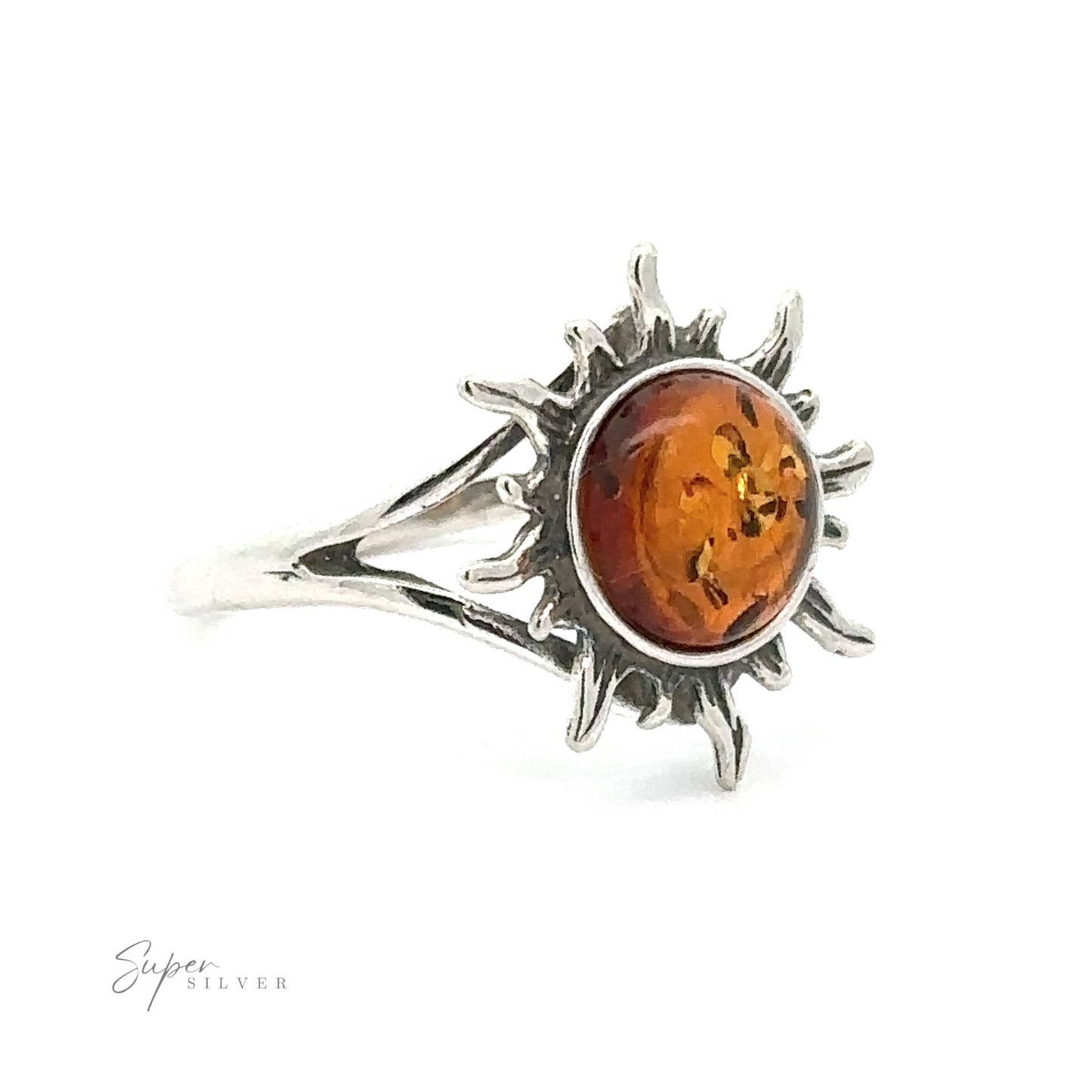 
                  
                    Glowing Amber Sun Ring featuring a sunburst design with an orange Baltic amber center stone, displayed against a white background.
                  
                