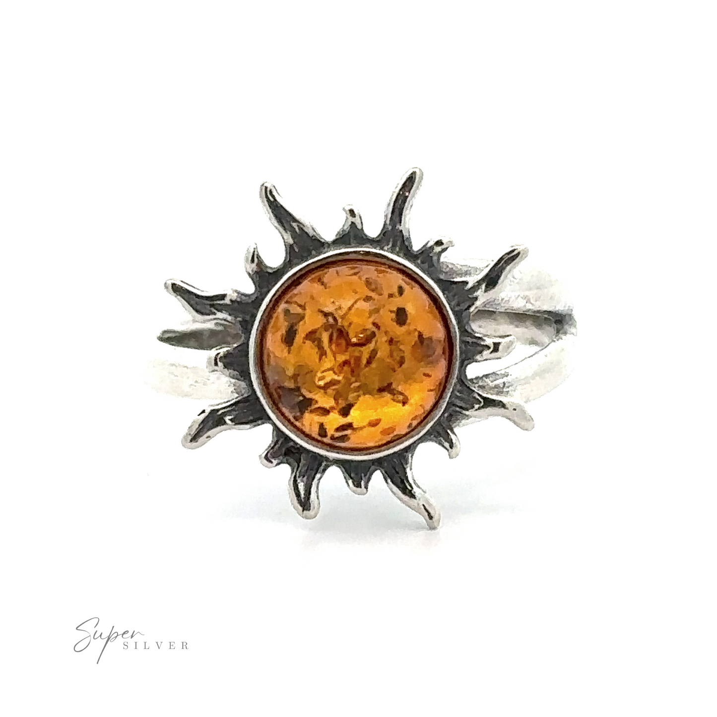 
                  
                    Glowing Amber Sun Ring set in a sterling silver sunburst ring on a white background.
                  
                