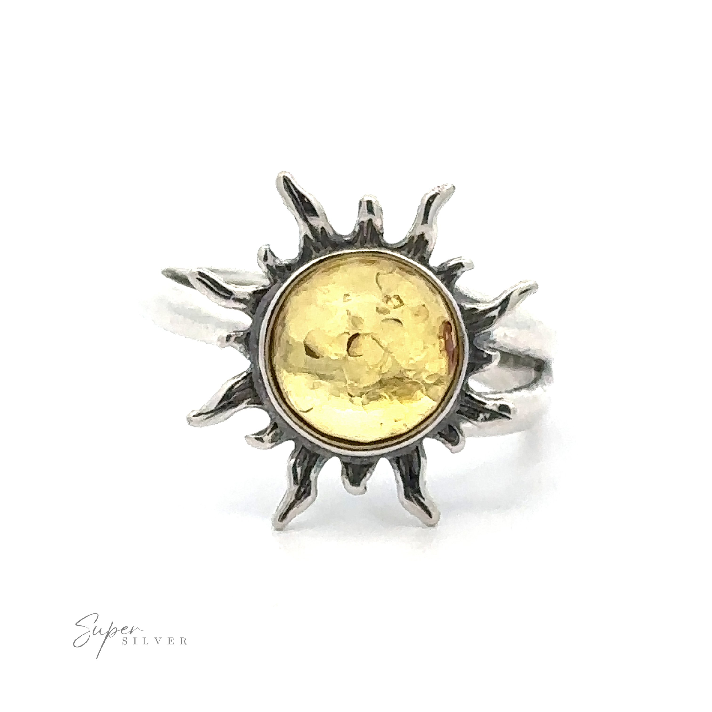 Glowing Amber Sun Ring featuring a Baltic amber center.
