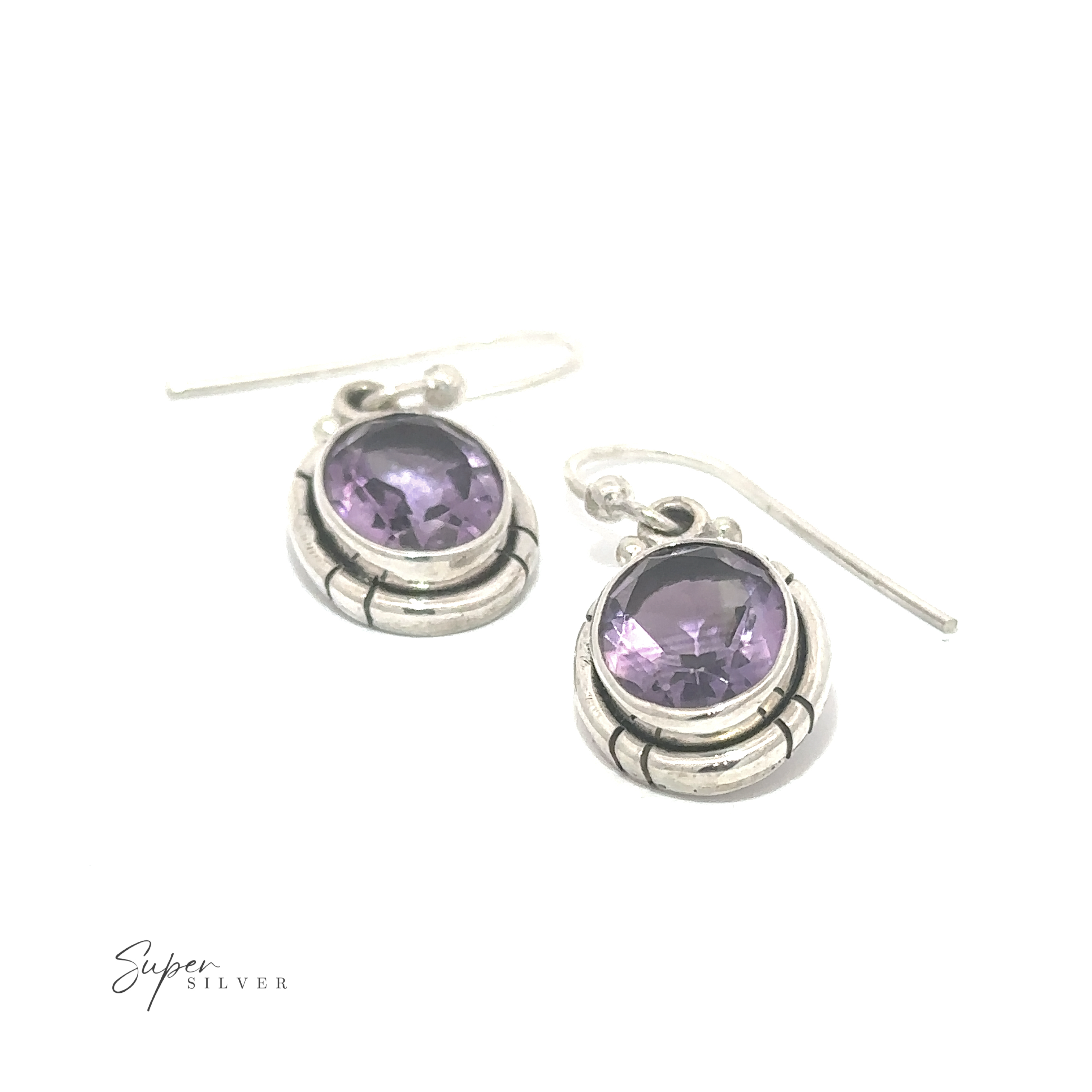 Pair of silver Oval Labradorite and Amethyst Dangle Earrings on a white background.