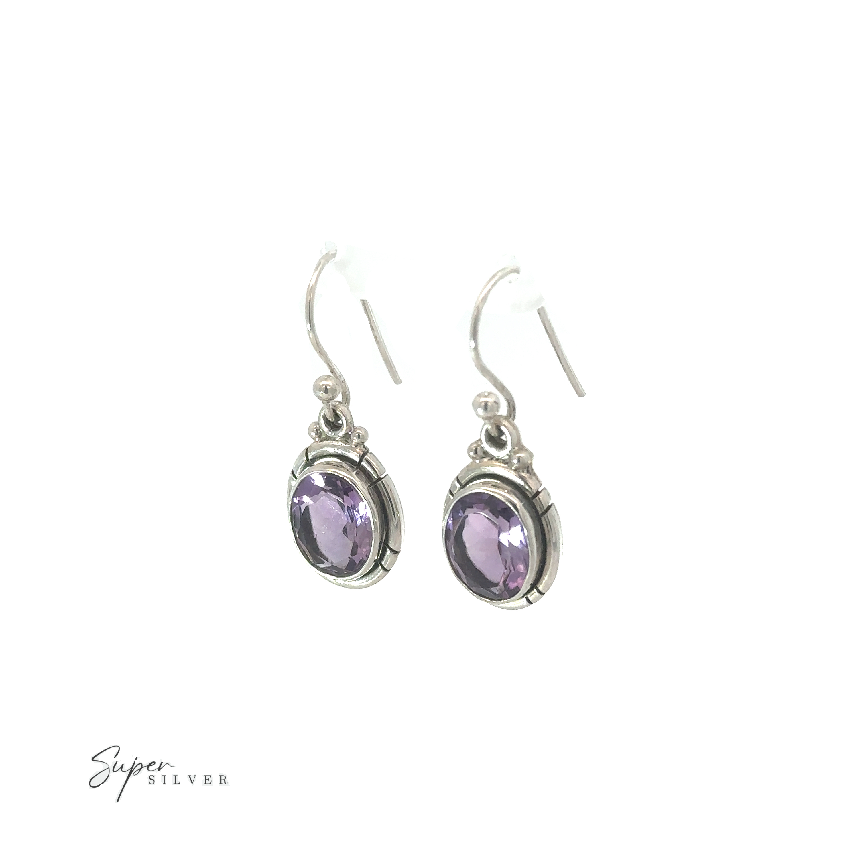 A pair of Oval Labradorite and Amethyst Dangle Earrings displayed against a white background.