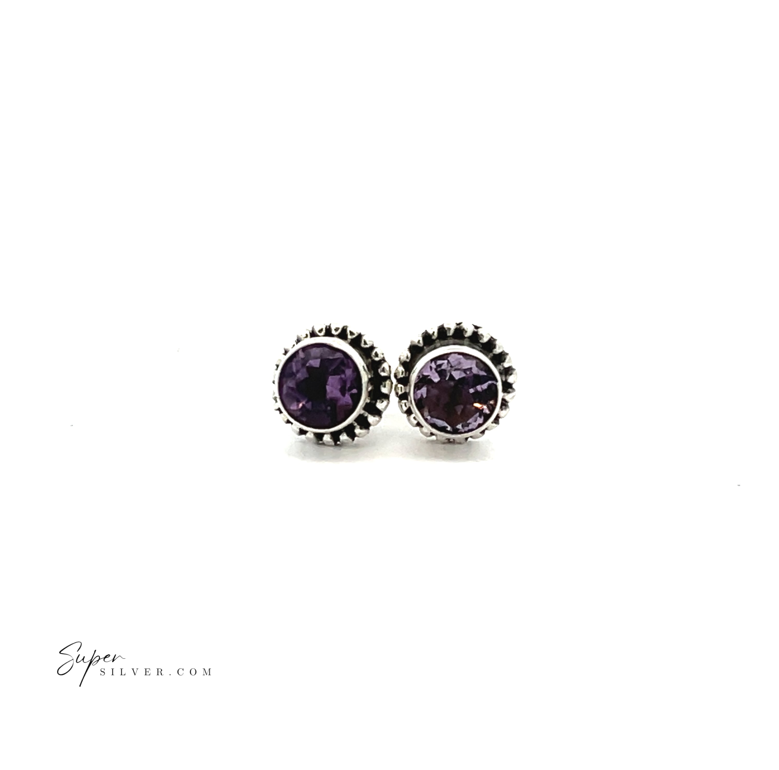 Beaded Round Faceted Gemstone Studs featuring a purple gemstone center and decorative sterling silver border, shown on a white background.
