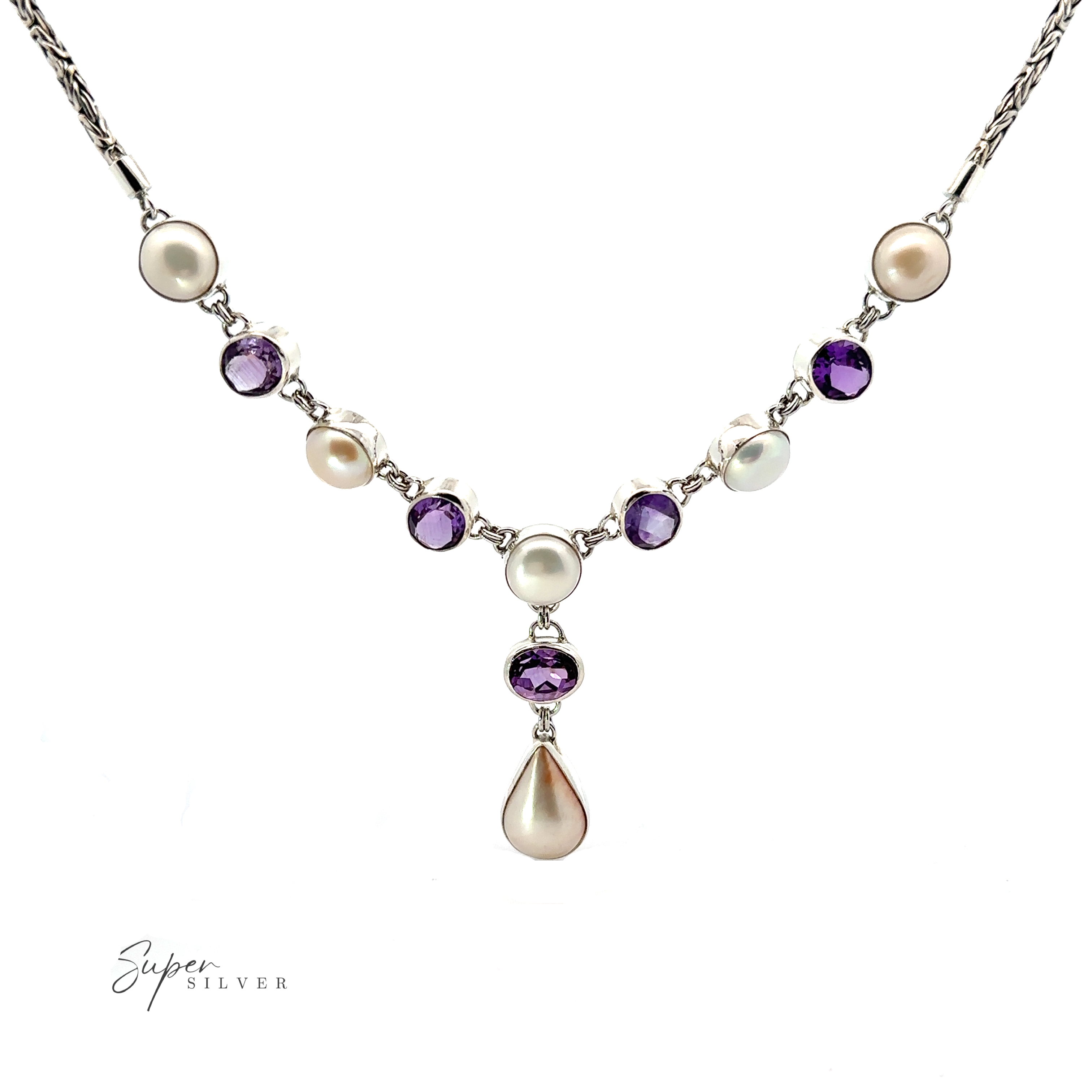 A Stunning Pearl and Gemstone Statement Necklace with alternating purple and white gemstones and pearls, featuring a central teardrop-shaped pearl. The logo "Super Silver" is visible in the bottom left corner.
