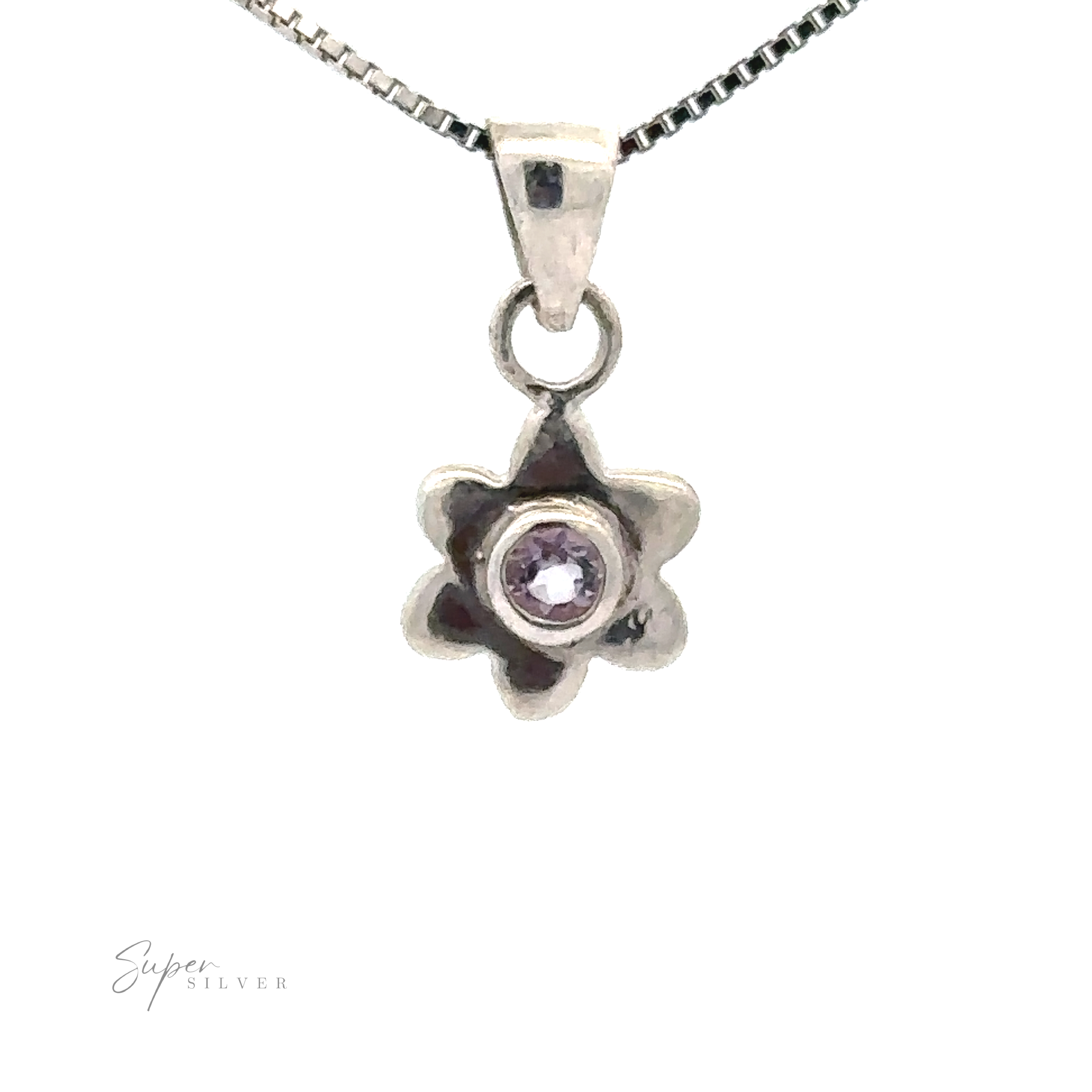 A Tiny Gemstone Flower Pendant with a small purple gemstone center on a silver chain. "Super Silver" is written in the bottom left corner.