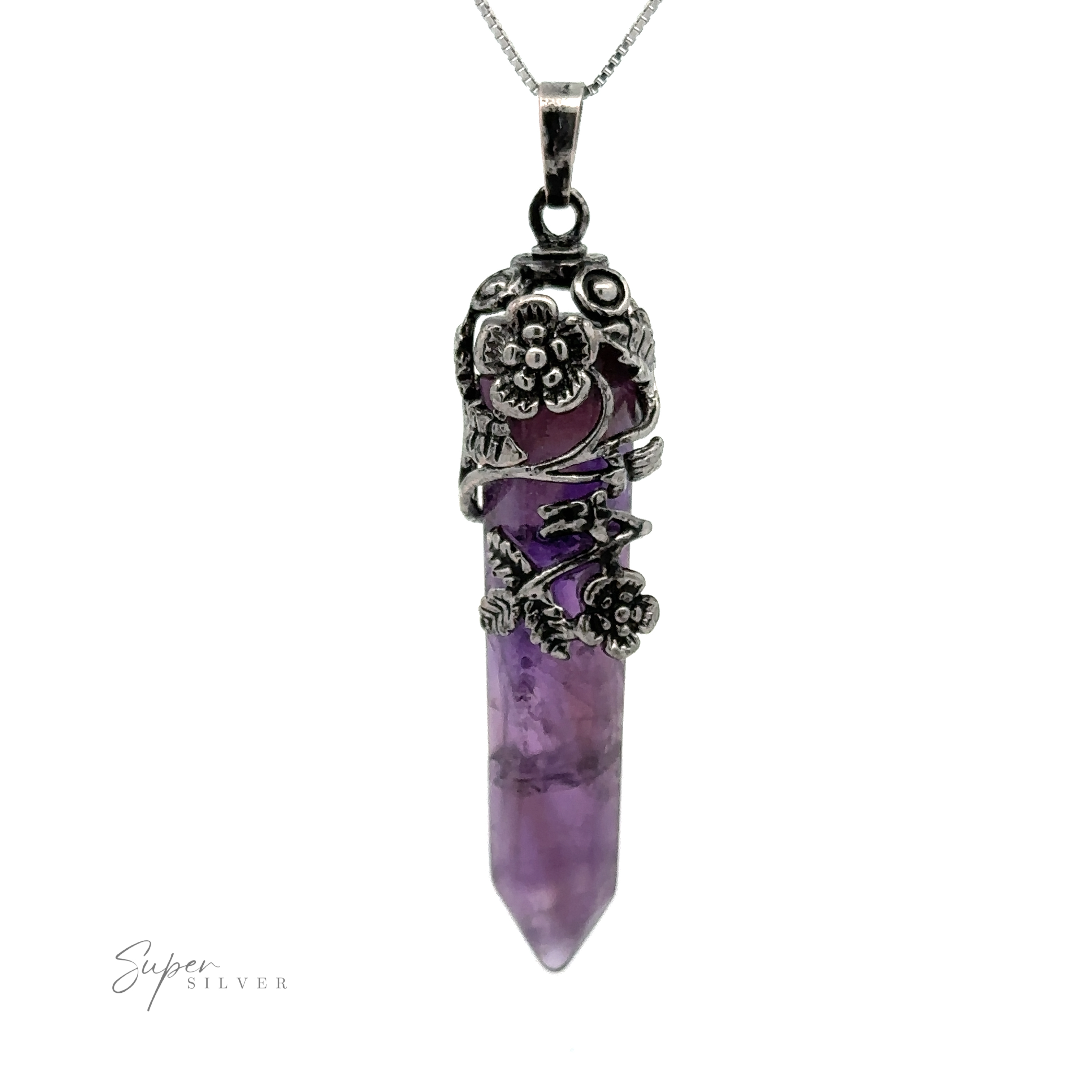 A Silver-Plated Flower Design Stone Pendant adorned with a silver-plated flower.