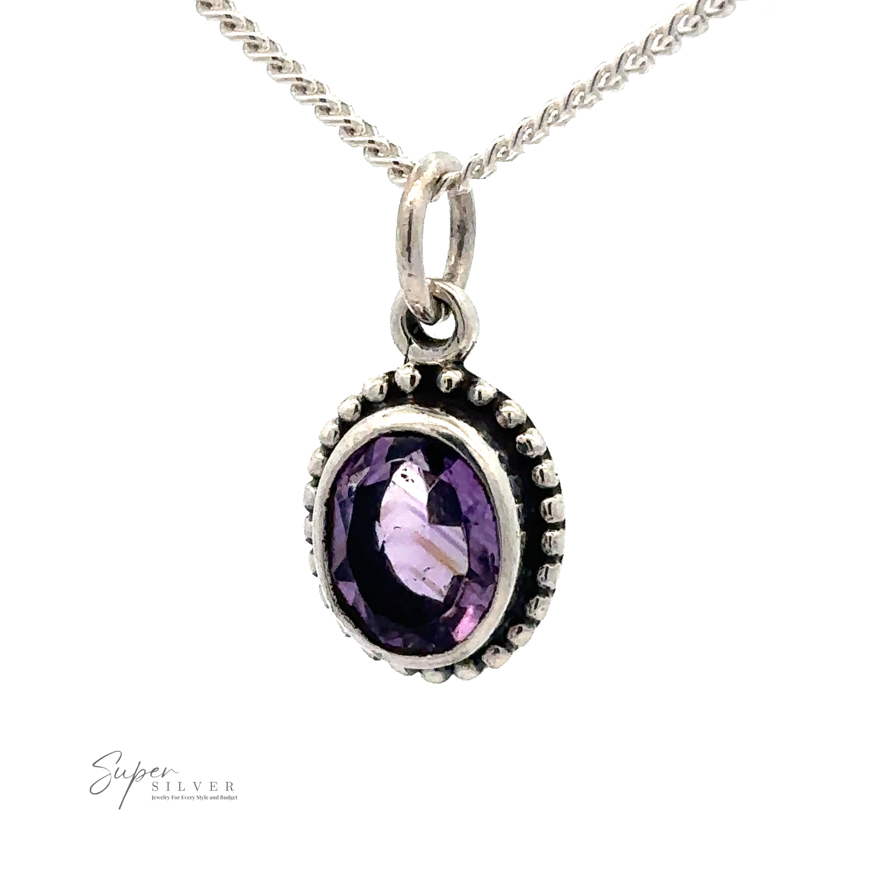 This .925 sterling silver necklace features an Oval Faceted Amethyst Pendant, framed by small silver beads. Its elegant design and calming hue are perfect for soothing the mind.