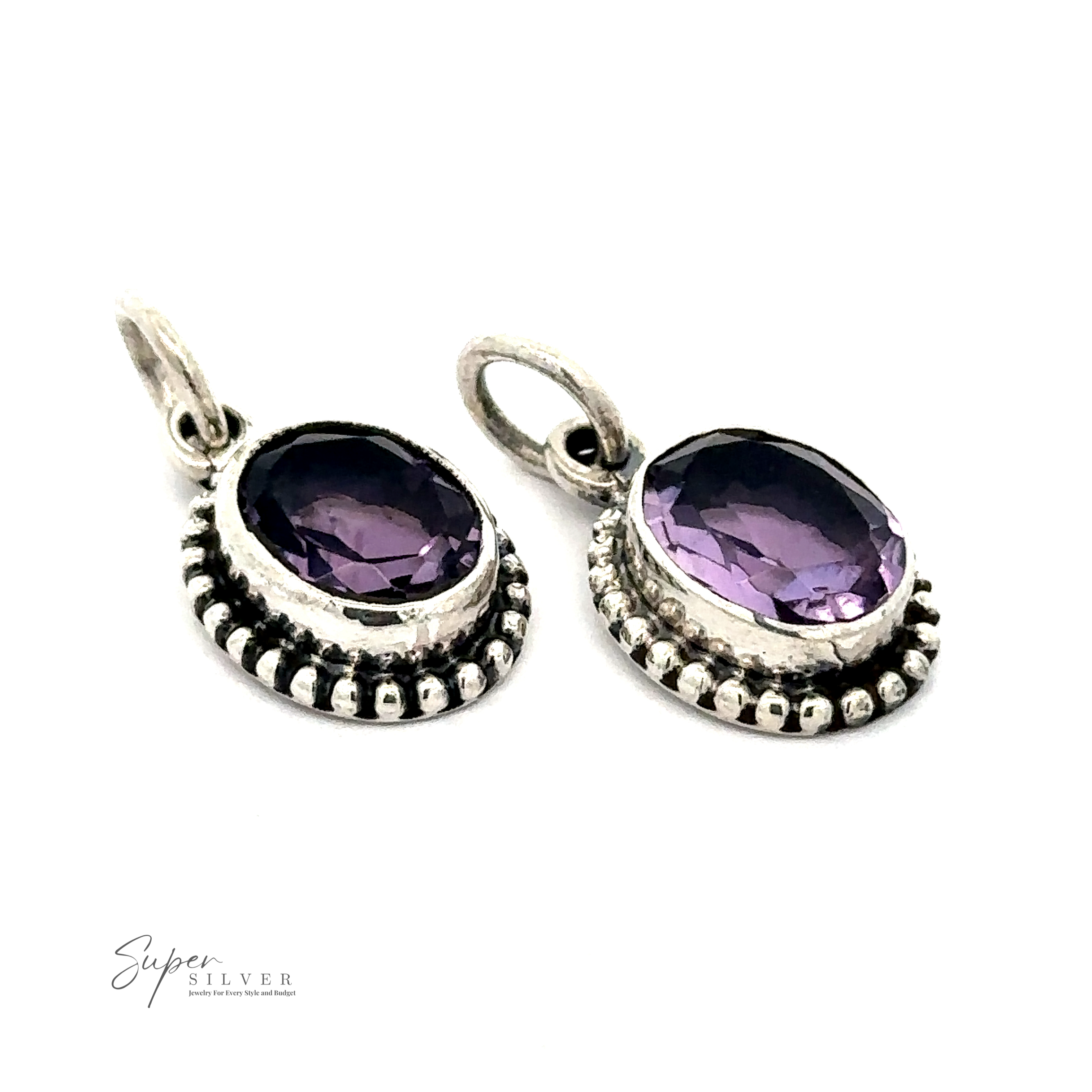 Two oval-shaped sterling silver pendants with soothing purple gemstones and intricate beadwork around the edges. The word "Oval Faceted Amethyst Pendant" is visible in the bottom left corner.