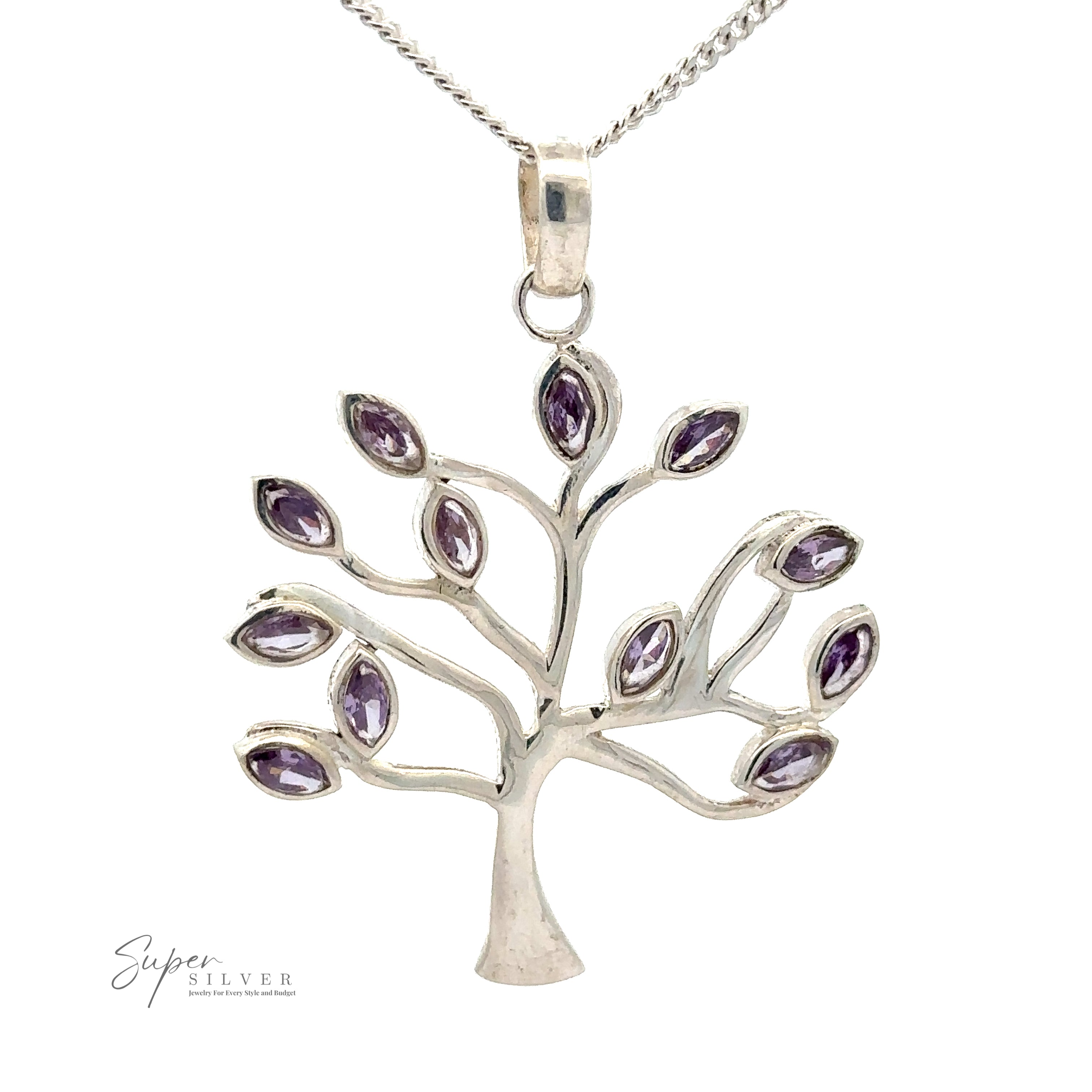 A Tree of Life Pendant with Stone Leaves featuring faceted stone leaves in a vibrant purple hue. The .925 sterling silver chain is visible, and a small logo graces the lower left corner.