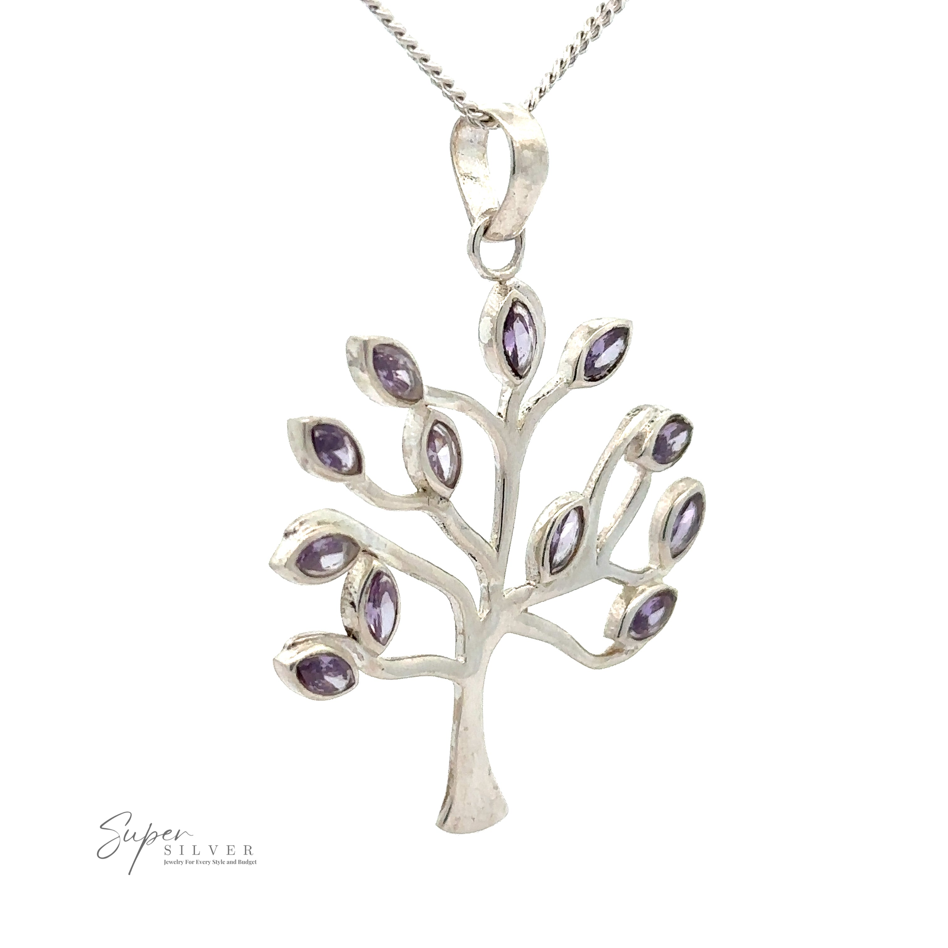 Tree of Life Pendant with Stone Leaves pendant necklace with faceted stone leaves and purple gemstone accents. Text reads "Super Silver.