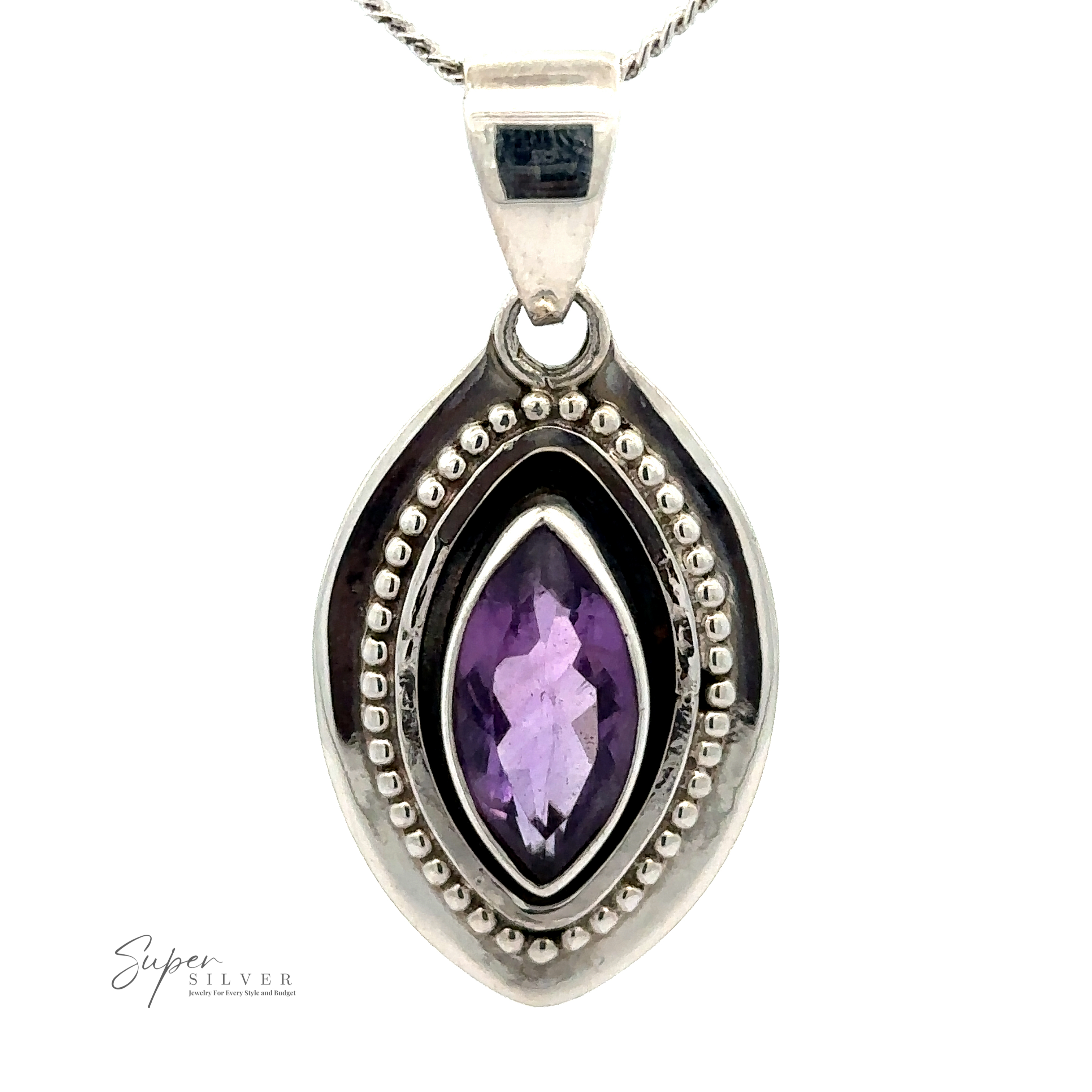 Beautiful Marquise Pendant With Beaded Design with a marquise-cut amethyst in the center, surrounded by a detailed silver design and beaded edge, attached to a chain.