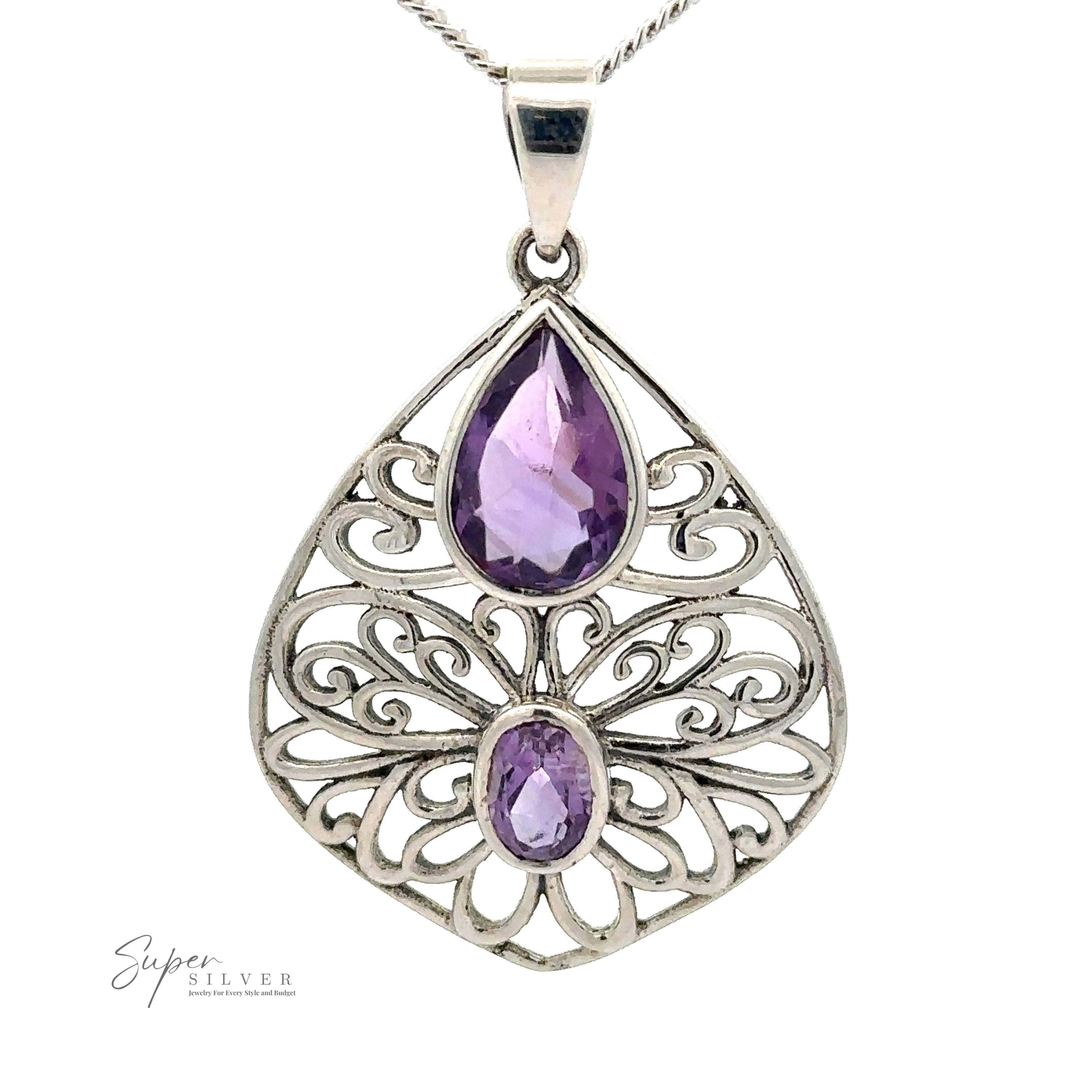 A Teardrop Filigree Gemstone Pendants with two purple amethyst gemstones, one teardrop-shaped at the top and one oval-shaped at the bottom, featuring intricate filigree detailing.