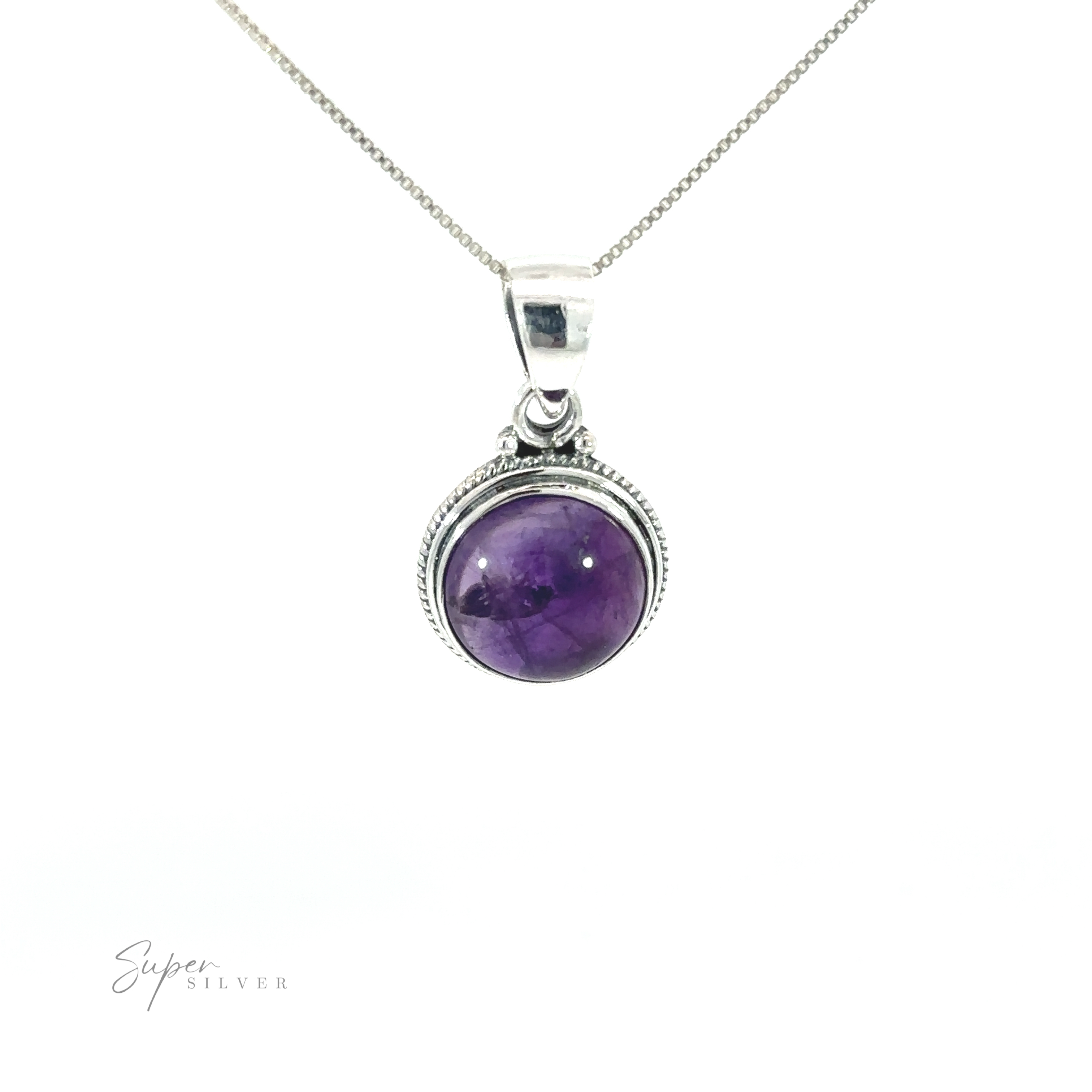 Round Stone pendant with rope border in sterling silver.