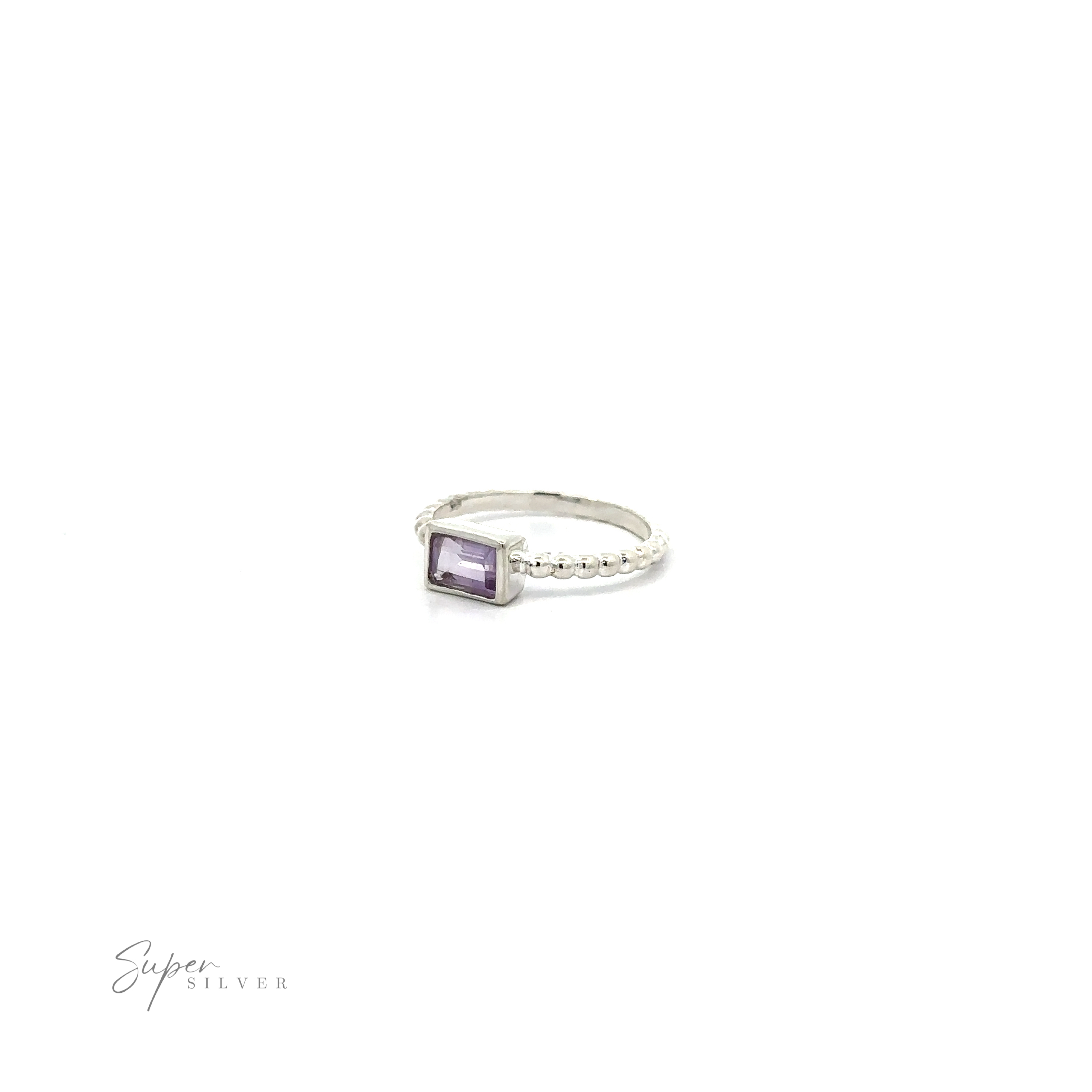 .925 Sterling Silver Rectangular Gemstone Ring with Beaded Band featuring an Amethyst gemstone set on a white background.