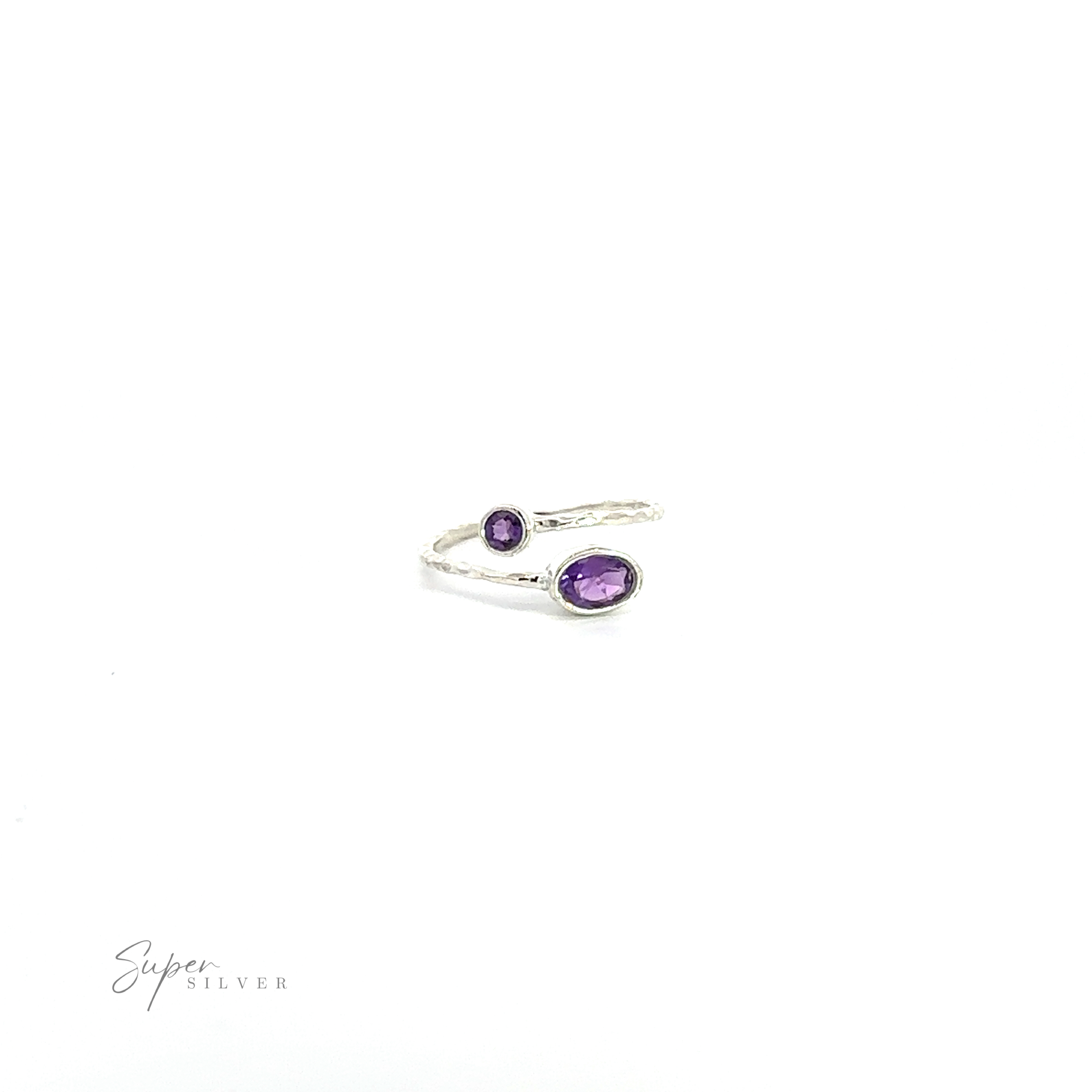.925 Sterling Silver Textured Adjustable Band with Adorned Purple Gemstones.