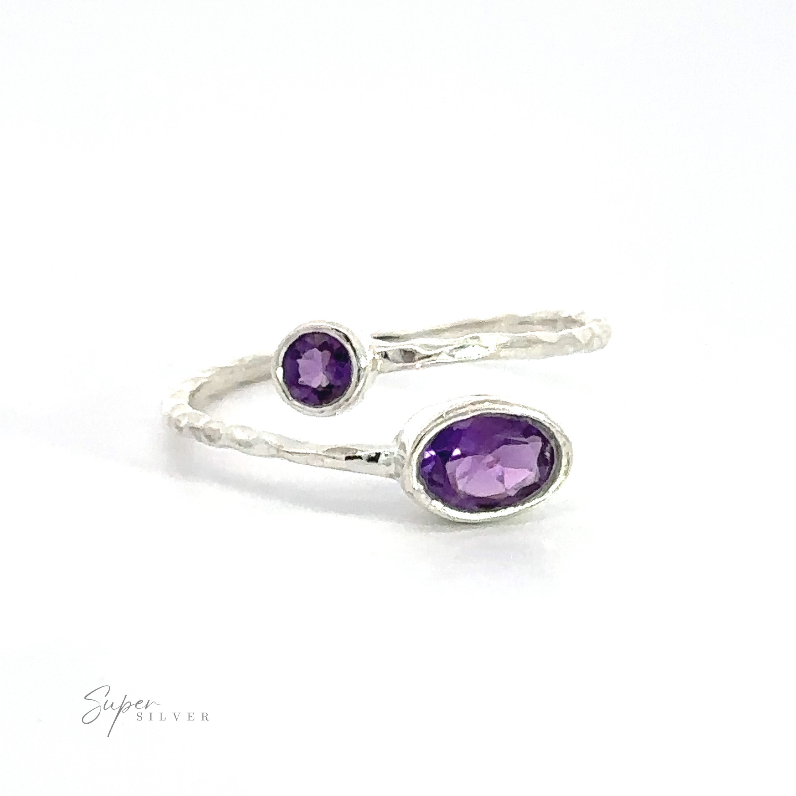 An Textured Adjustable Band with Adorned Gemstones ring with two purple gemstones on a white background.