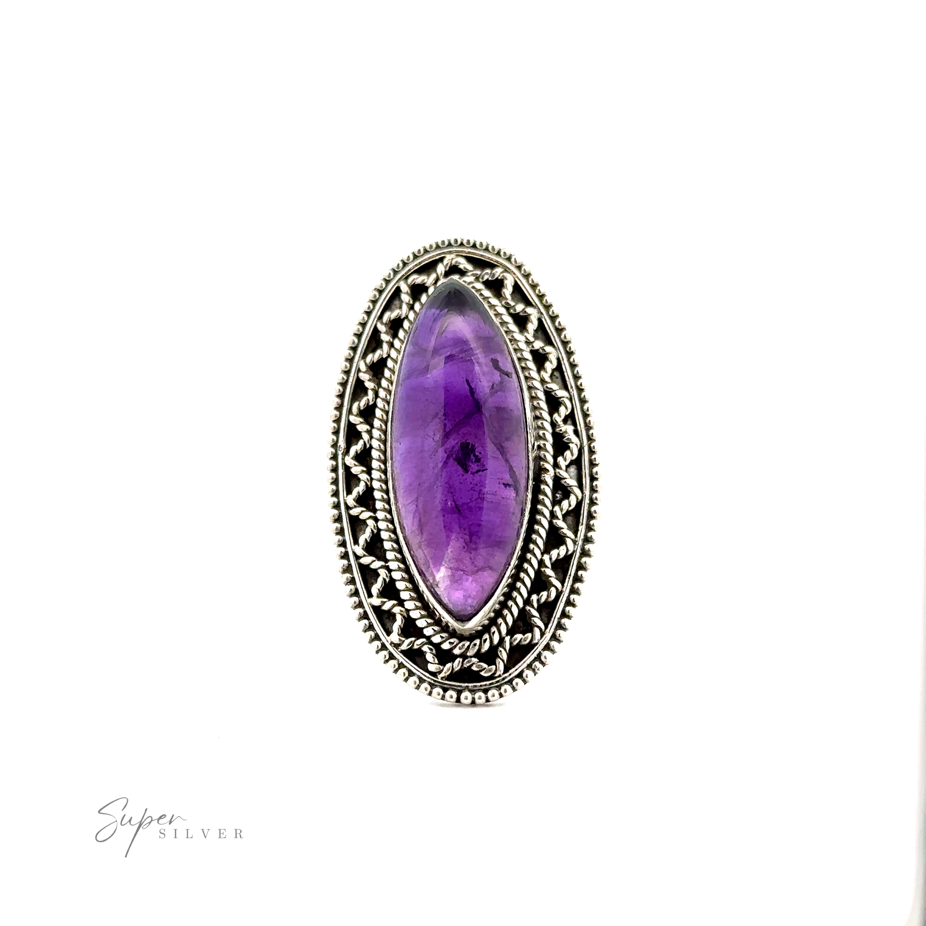 An oval-shaped silver ring with an intricate design features a purple gemstone at its center, giving it a Bohemian twist. The Marquise Shaped Gemstone Ring With Vintage Shield Border is displayed against a white background with "Super Silver" text in the bottom left corner.