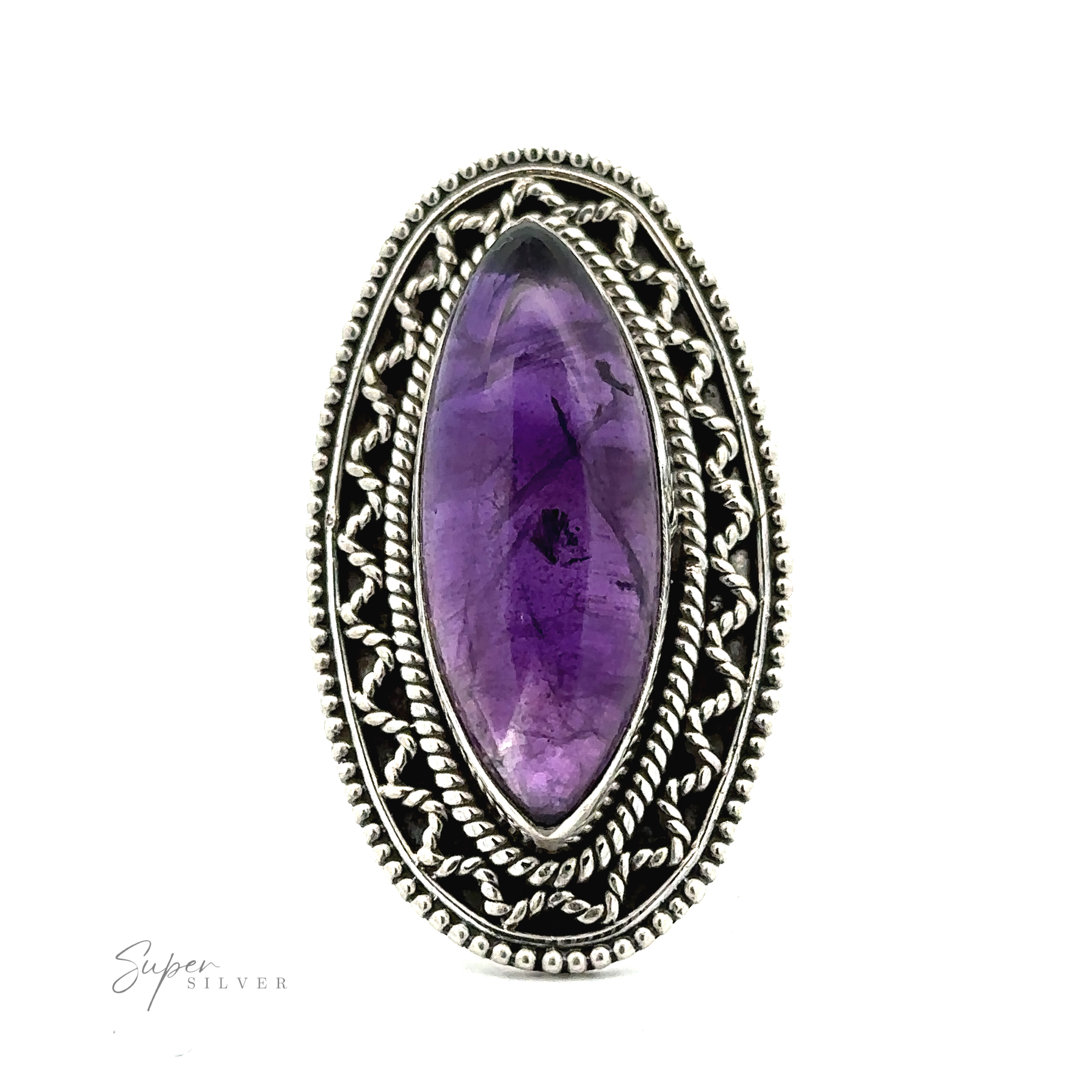 An oval-shaped purple gemstone set in an ornate silver filigree ring, with "Marquise Shaped Gemstone Ring With Vintage Shield Border" embossed in the bottom left corner, giving it a vintage appeal with a subtle bohemian twist.