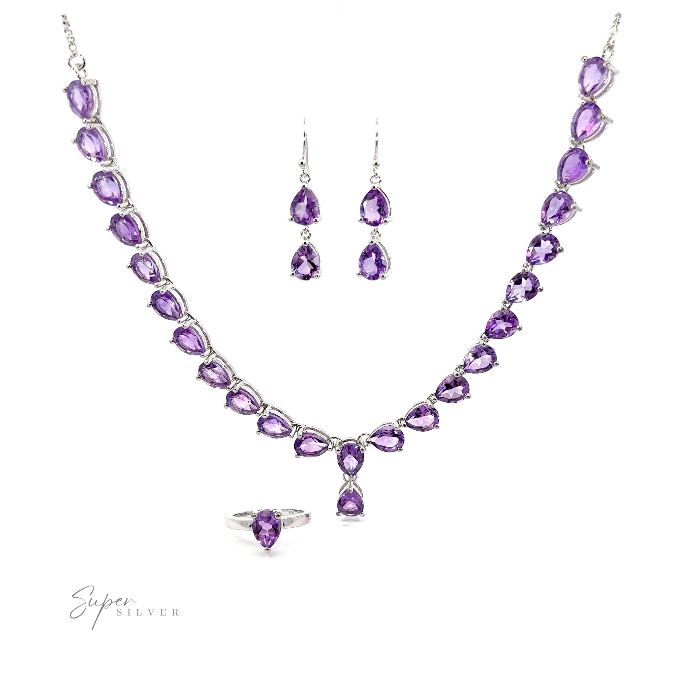 An Elegant Faceted Gemstone Jewelry Set exuding sophistication with dazzling amethyst gemstones.