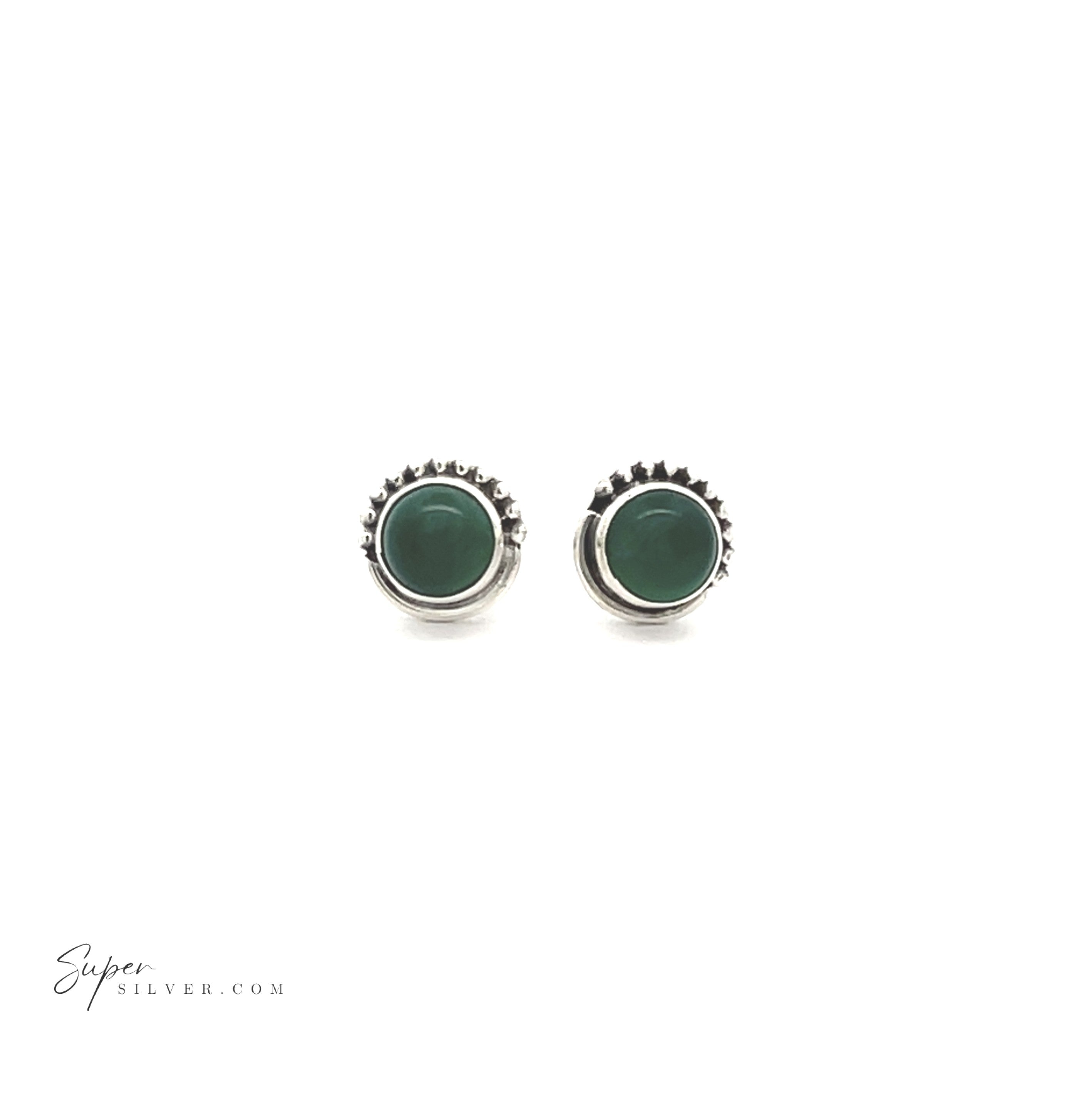 A pair of 5mm Gemstone Studs With Half Bead Design in sterling silver, featuring round bezel-set green centers, displayed on a white background.