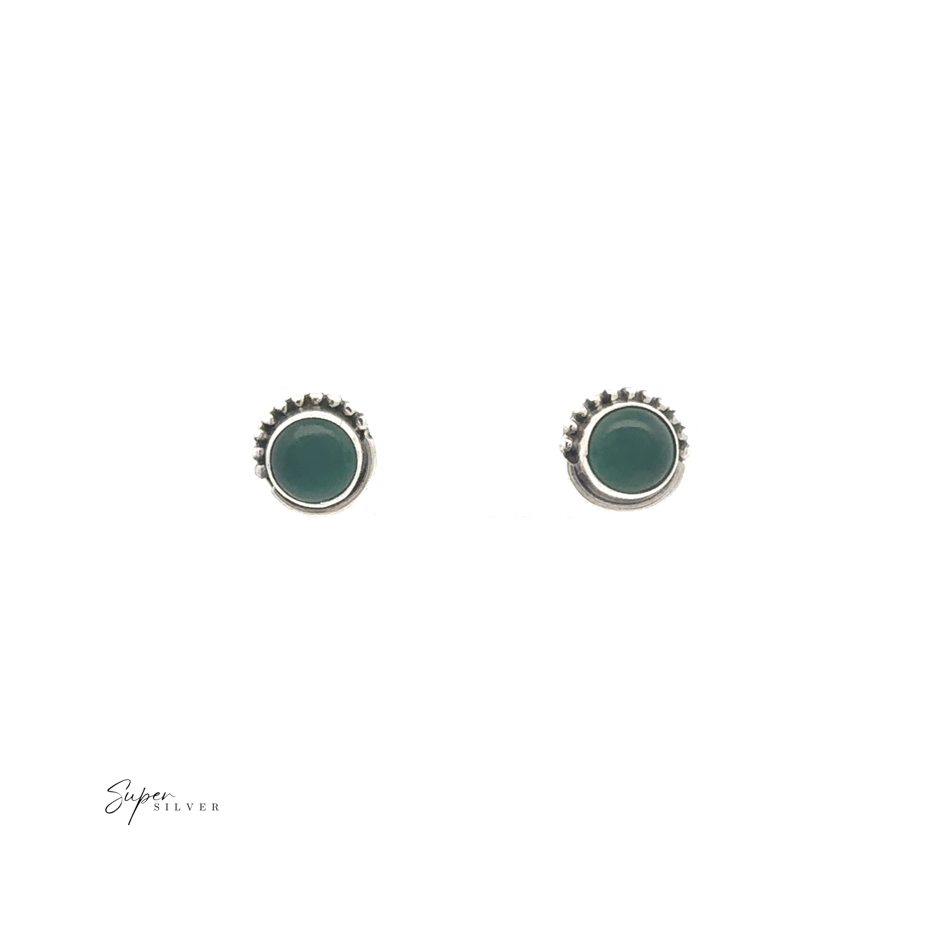 The 5mm Gemstone Studs With Half Bead Design feature small round sterling silver studs with dark green stone centers, bezel-set for an elegant touch, shown against a plain white background.