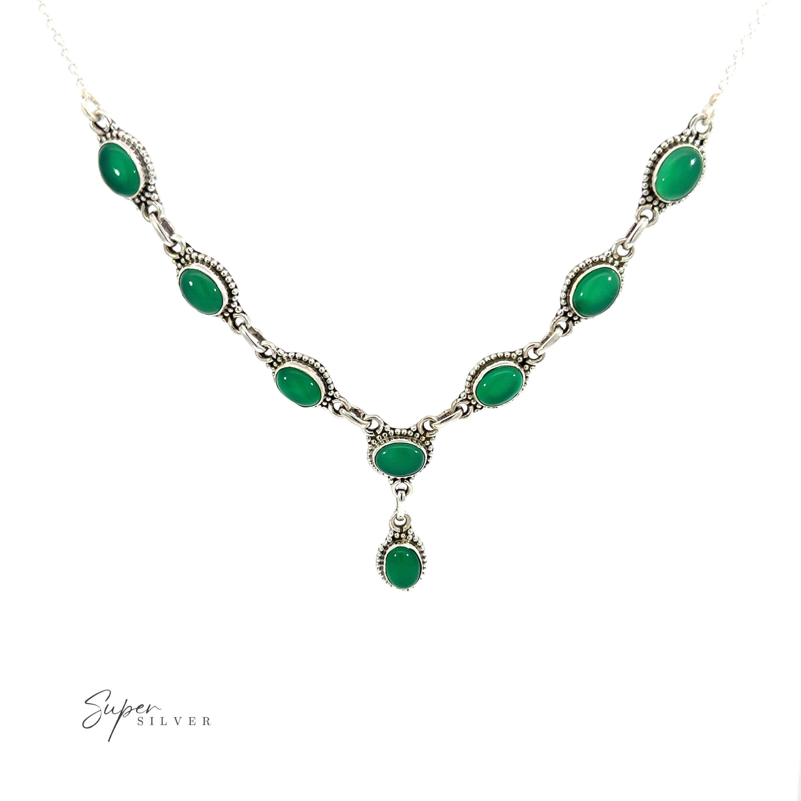 This Gemstone Y-Necklace with Beaded Border is perfect for both casual and formal occasions. It adds an elegant touch to any neckline and can be easily paired with other jewelry pieces for a layered look. The adjustable chain