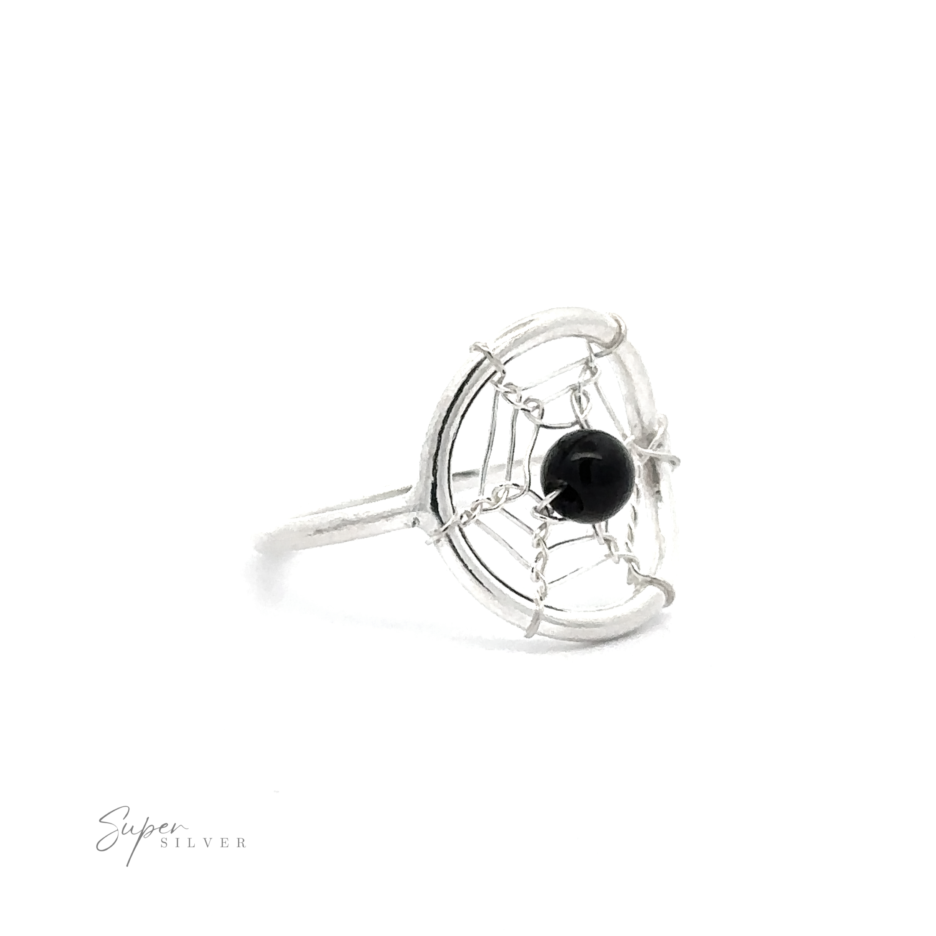 A Wire Dreamcatcher Ring with Bead featuring a black bead encased in an intricate wire-wrapped design, displayed on a white background.