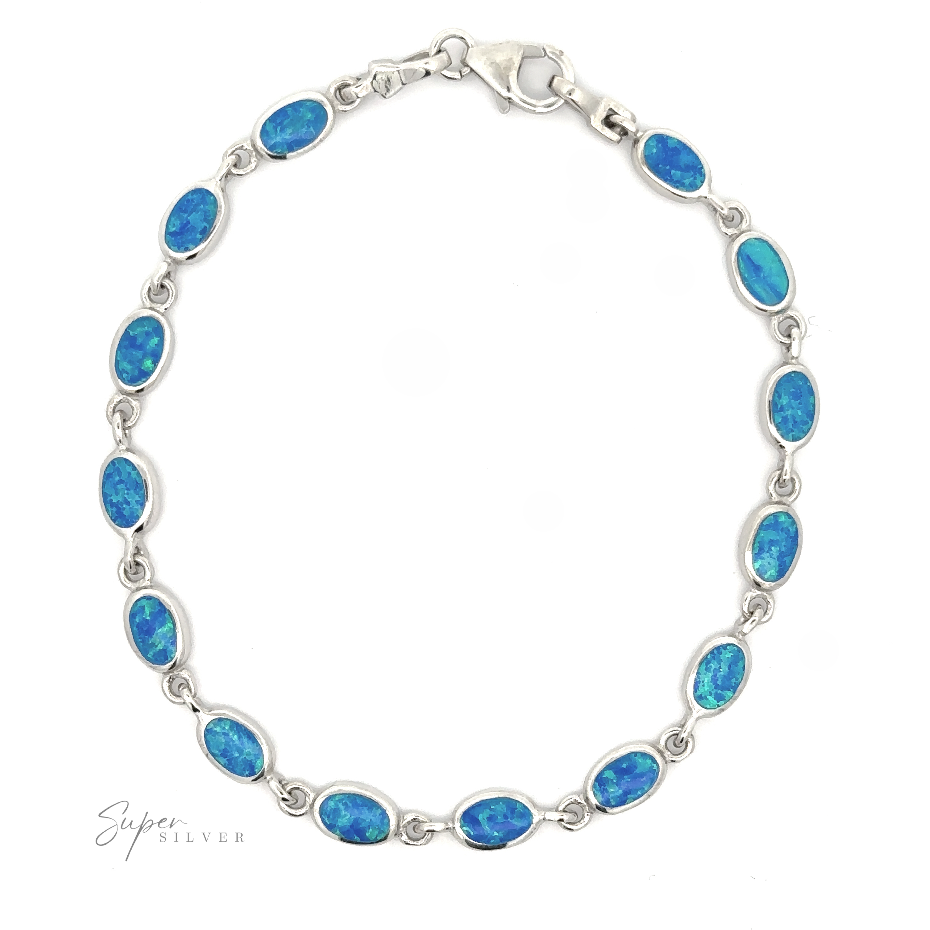 Simple Oval Link Opal Bracelet with oval blue lab-created opal inlays, displayed on a white background.