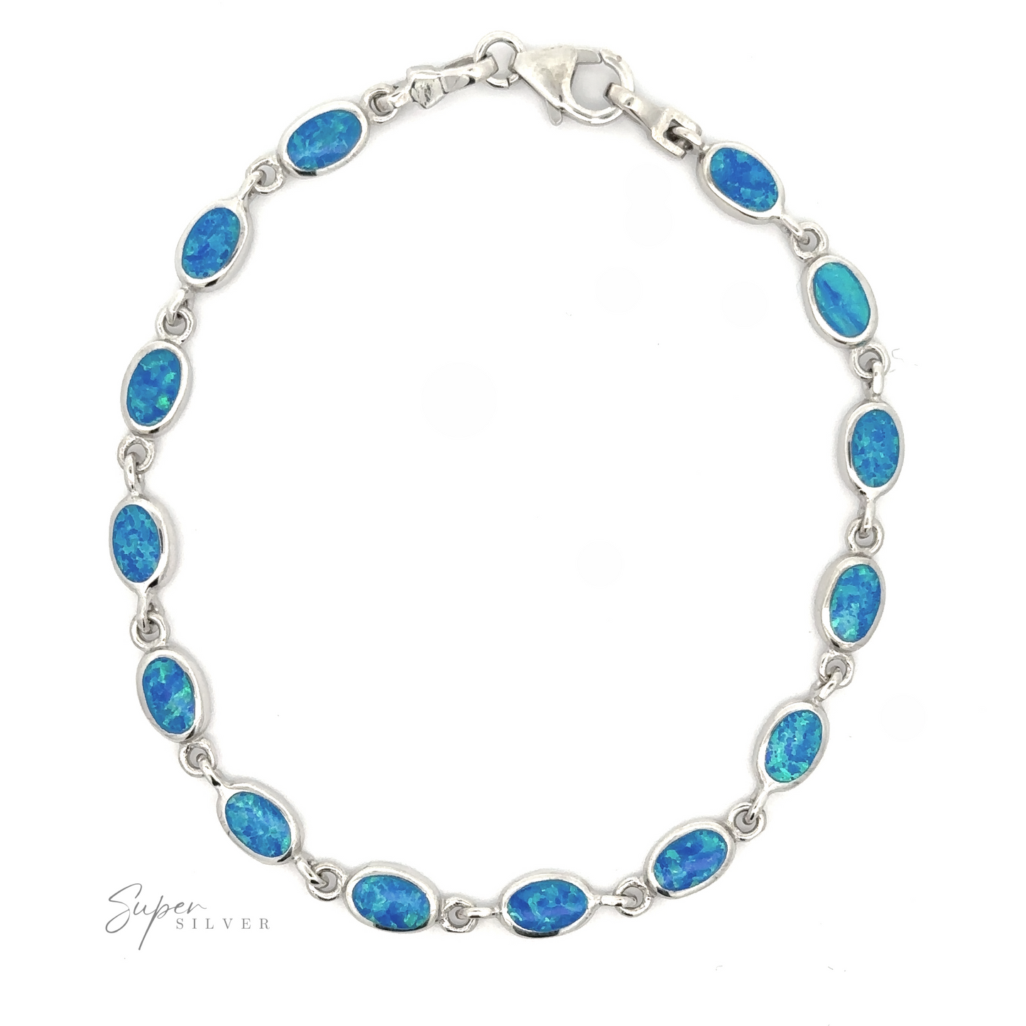 
                  
                    Simple Oval Link Opal Bracelet with oval blue lab-created opal inlays, displayed on a white background.
                  
                