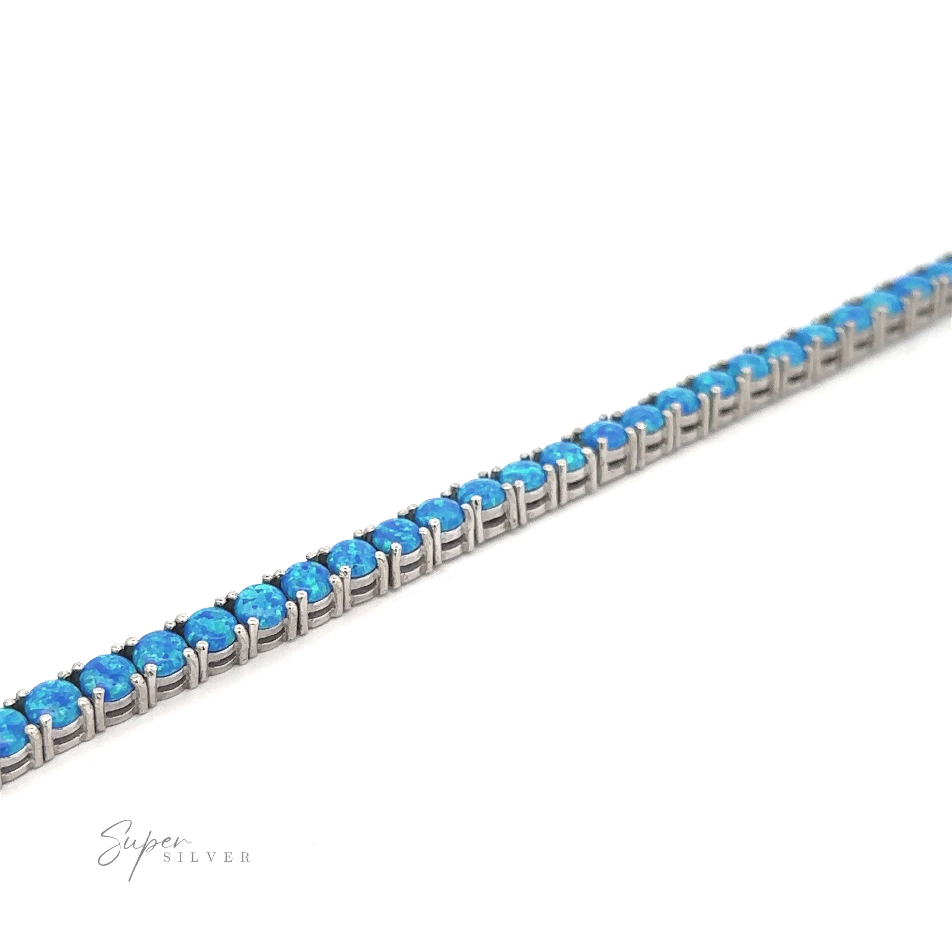 Brilliant Blue Opal bracelet with a silver chain, displayed on a white background with "super silver" logo and featuring a rhodium finish.