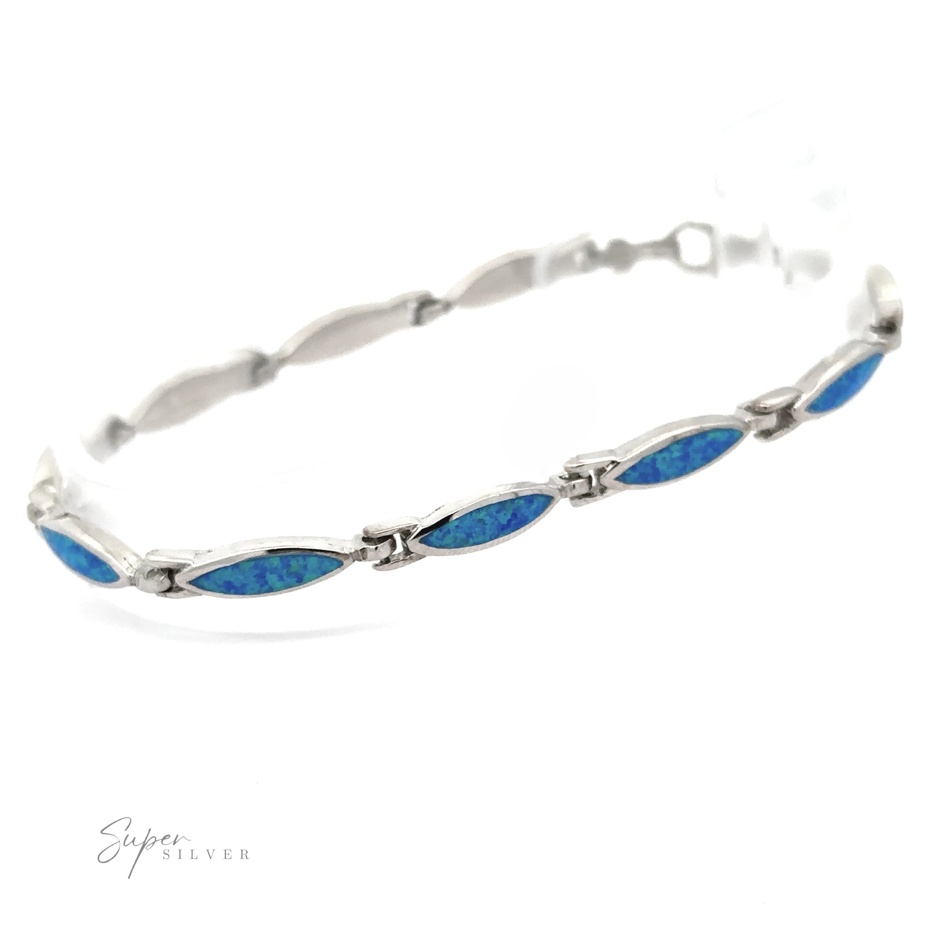 The Marquise Shaped Lab-Created Opal Bracelet, made of .925 Sterling Silver and featuring a series of blue lab-created opal stone inlays in marquise-shaped links, is displayed against a white background. The words "Super Silver" appear in the lower left corner, highlighting its modern design.