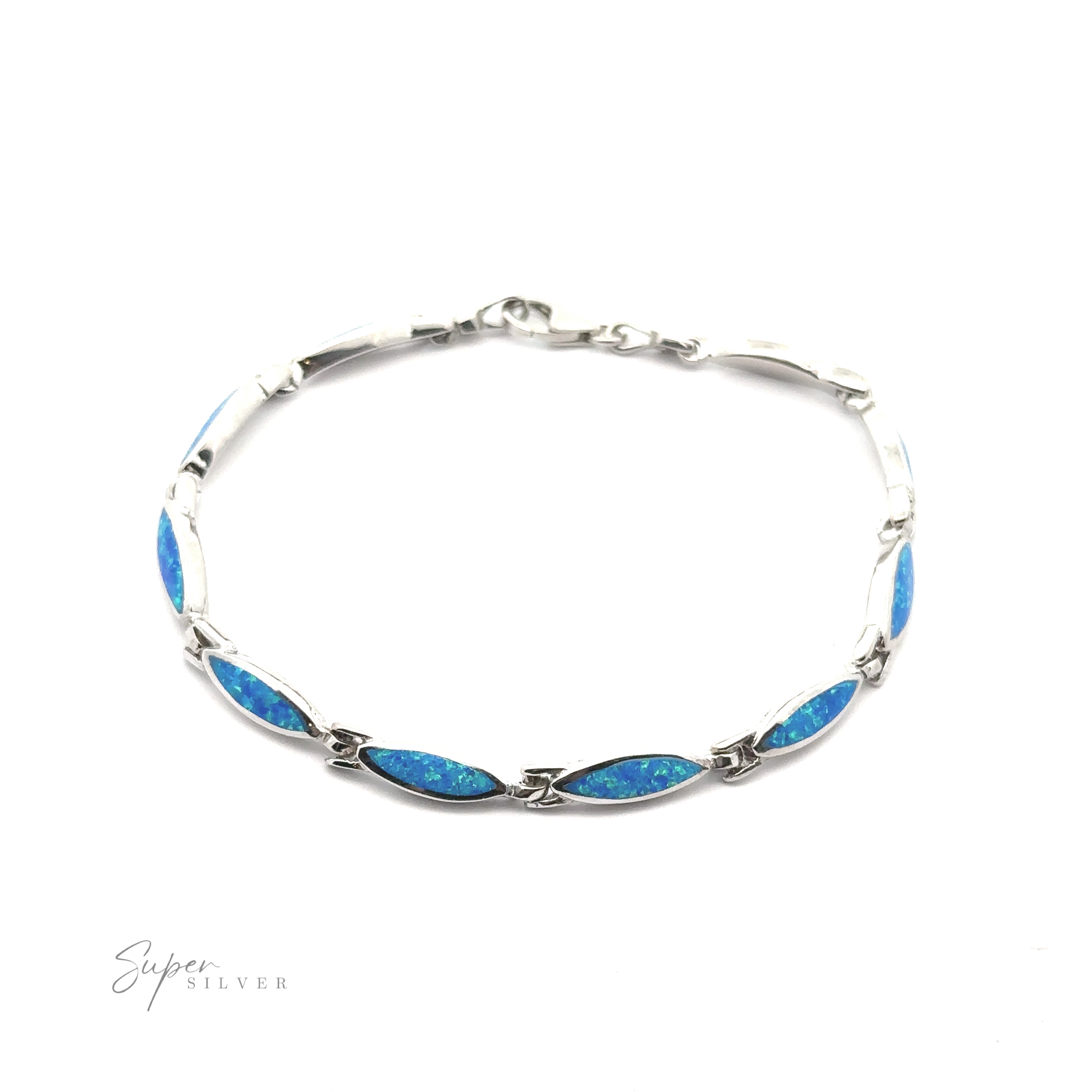 The Marquise Shaped Lab-Created Opal Bracelet is a .925 Sterling Silver bracelet with lab-created opal insets in marquise-shaped links, featuring a clasp closure. Text in the corner reads "Super Silver.