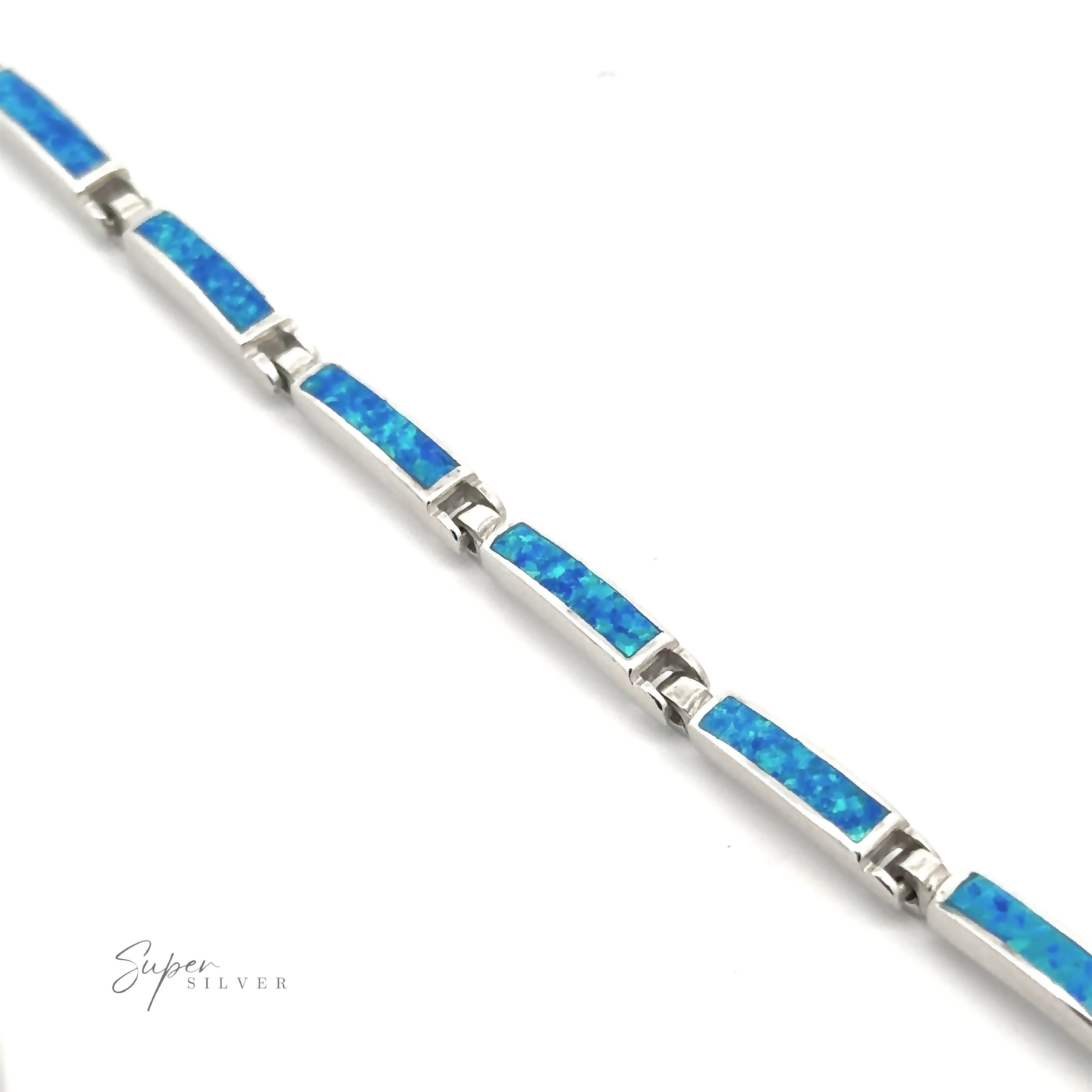 A Long Rectangle Lab-Created Opal Bracelet showcases lab-created opal inlays and features small connecting segments, set against a white background.