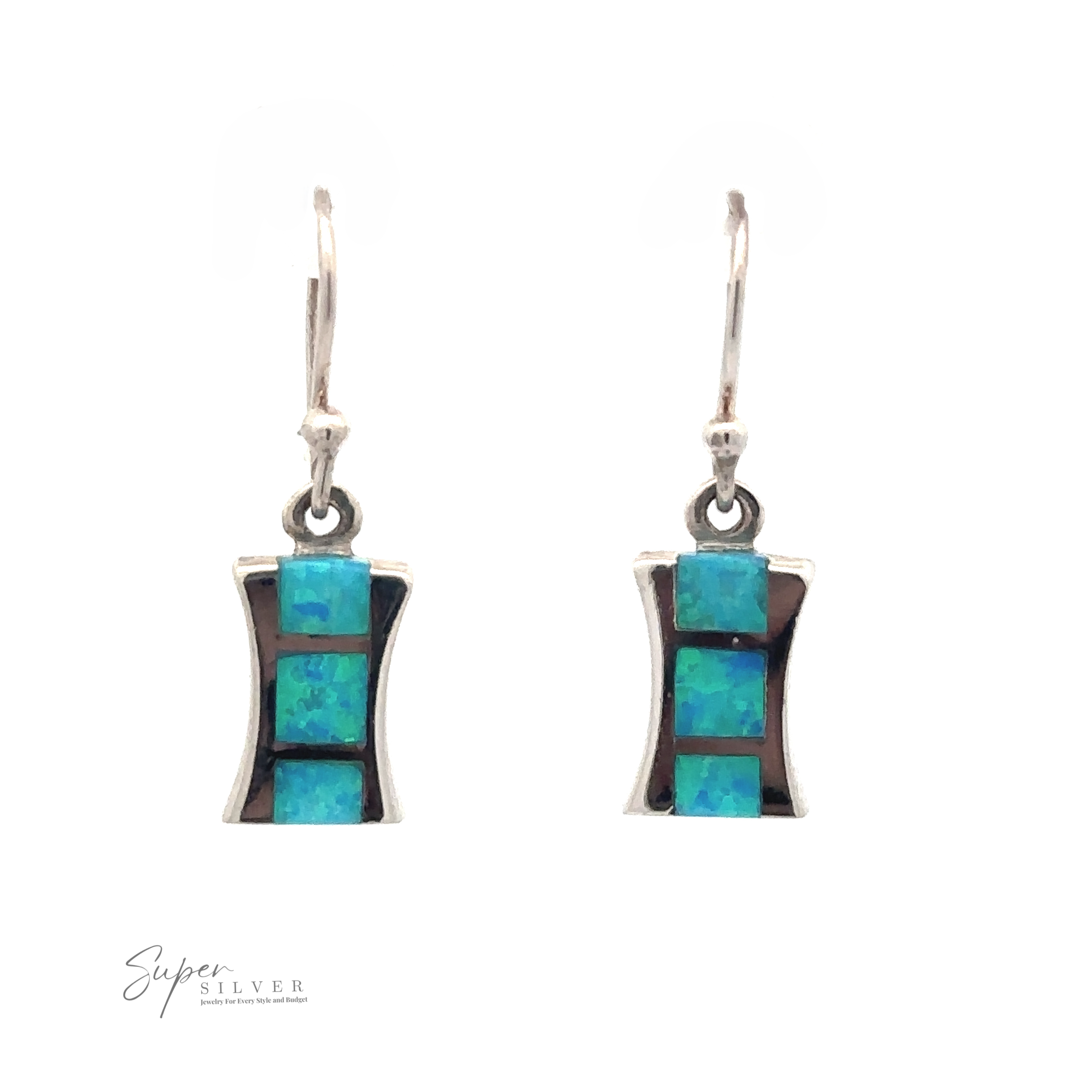 A pair of Freeform Lab-Created Opal Earrings featuring rectangular elements with lab-created opal stones, displayed against a plain white background, accompanied by a subtle logo in the lower-left corner.