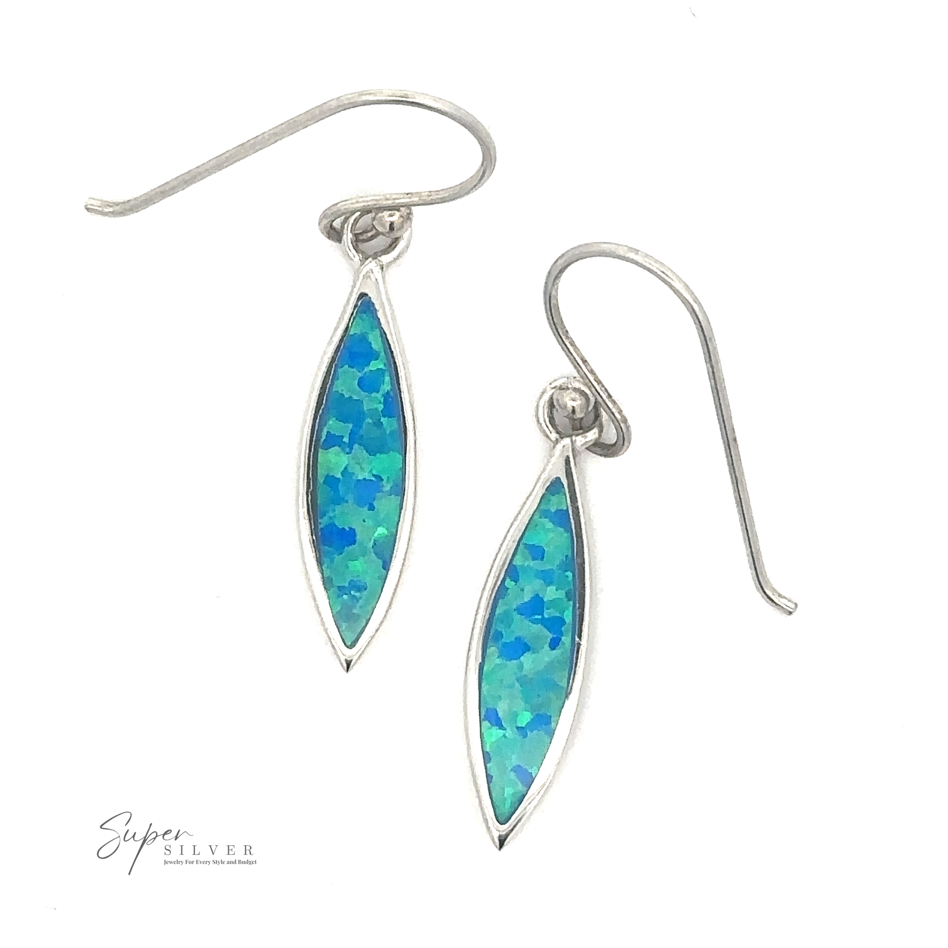 A pair of Lab-Created Opal Marquise Earrings featuring elongated, blue marquise-shaped lab-created opal stones with a mosaic pattern. The text "Super Silver" is visible in the bottom left corner.