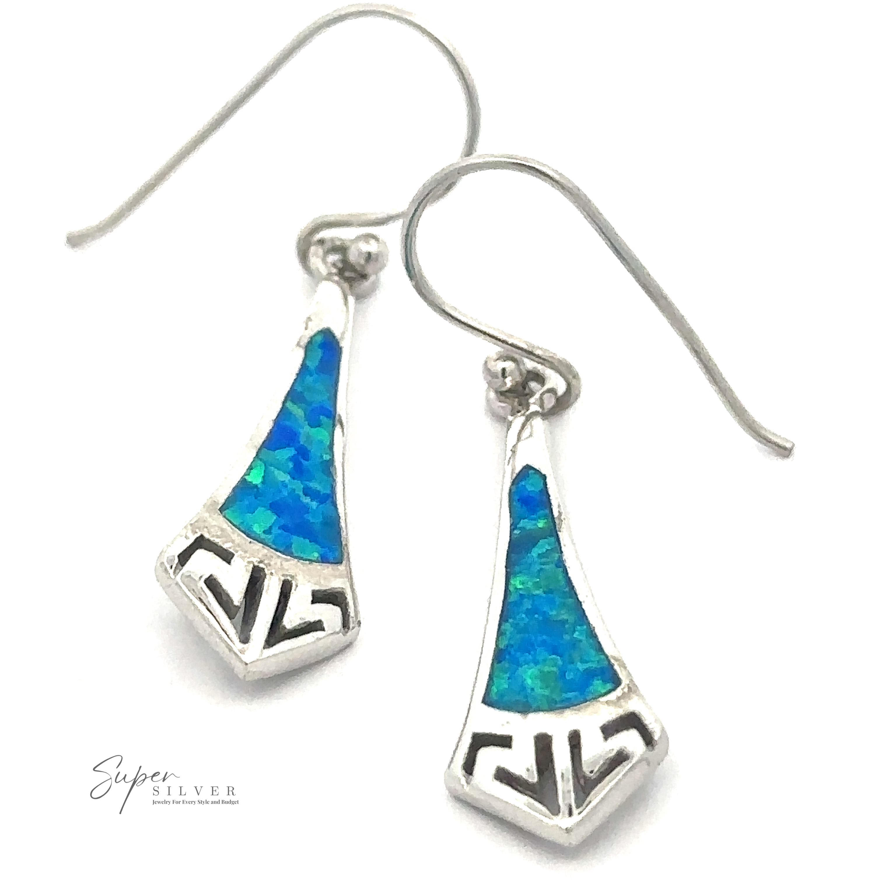 A pair of Blue Created Opal Elongated Tie Shape Earrings. The earrings have hook fastenings.
