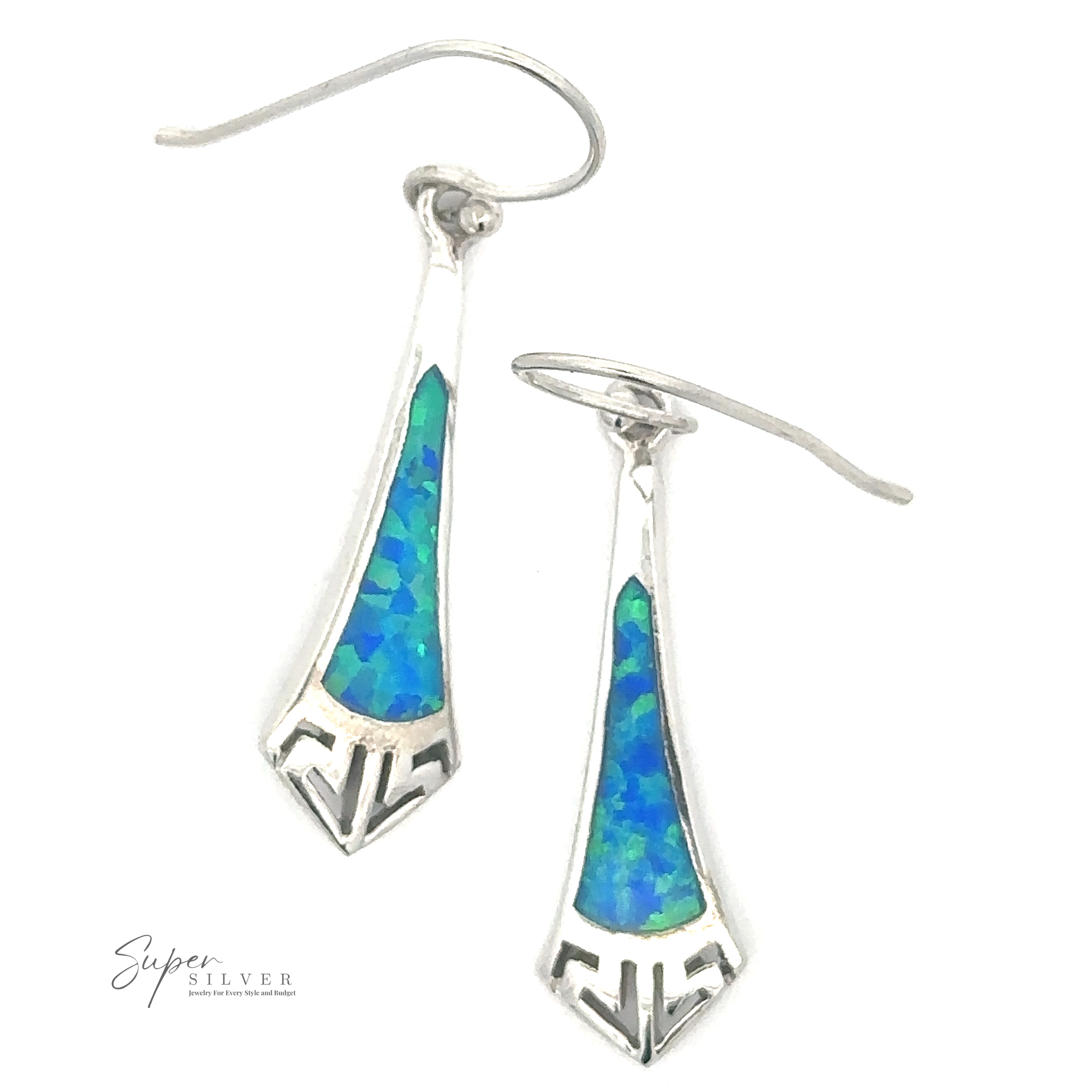 A pair of **Blue Created Opal Elongated Tie Shape Earrings** with blue and green gemstone inlays, featuring a geometric design at the bottom. The text "Super Silver" is visible in the lower left corner.