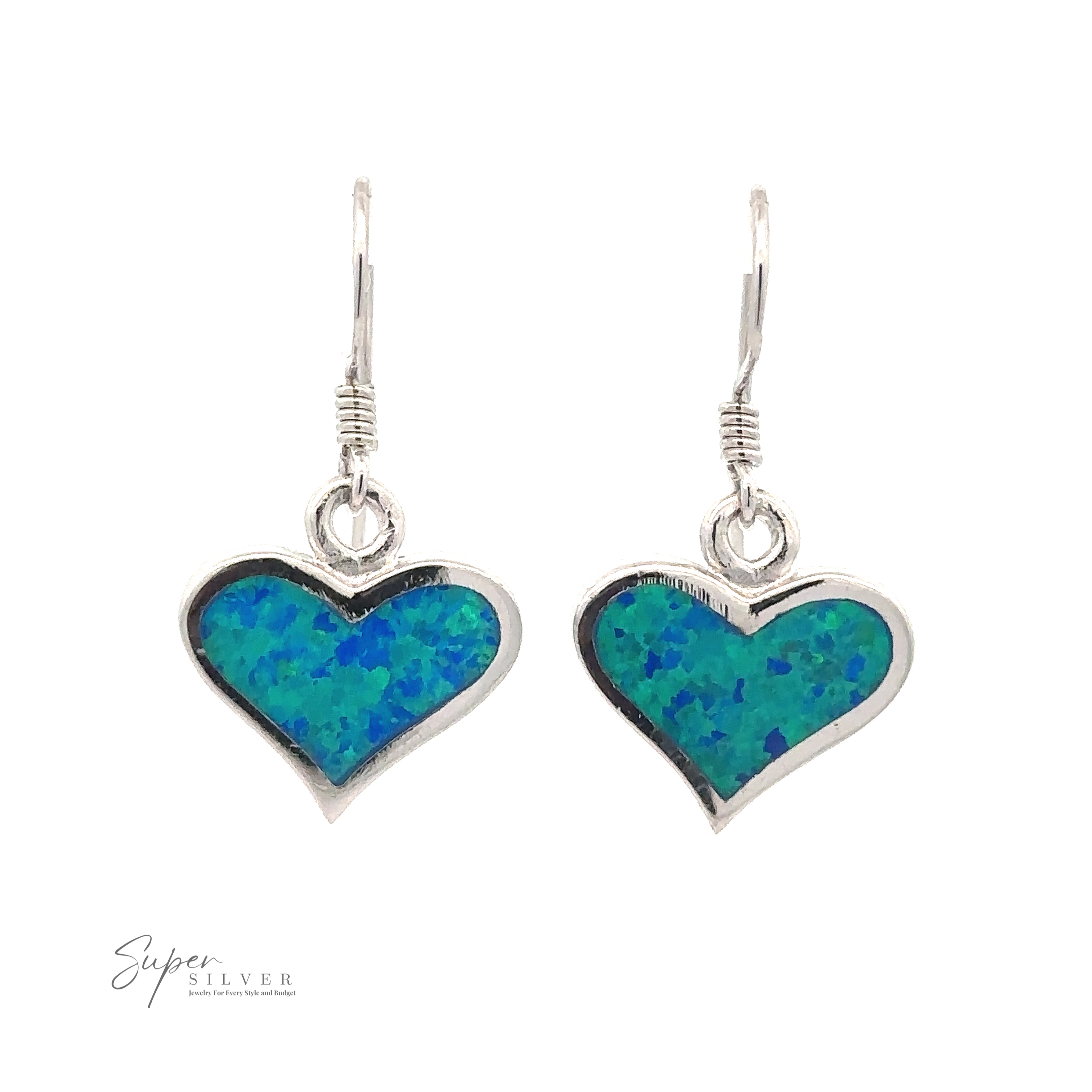 A pair of Lab-Created Opal Heart Earrings with blue and green speckled inlay, set in rhodium plated sterling silver, and hanging from hook wires.