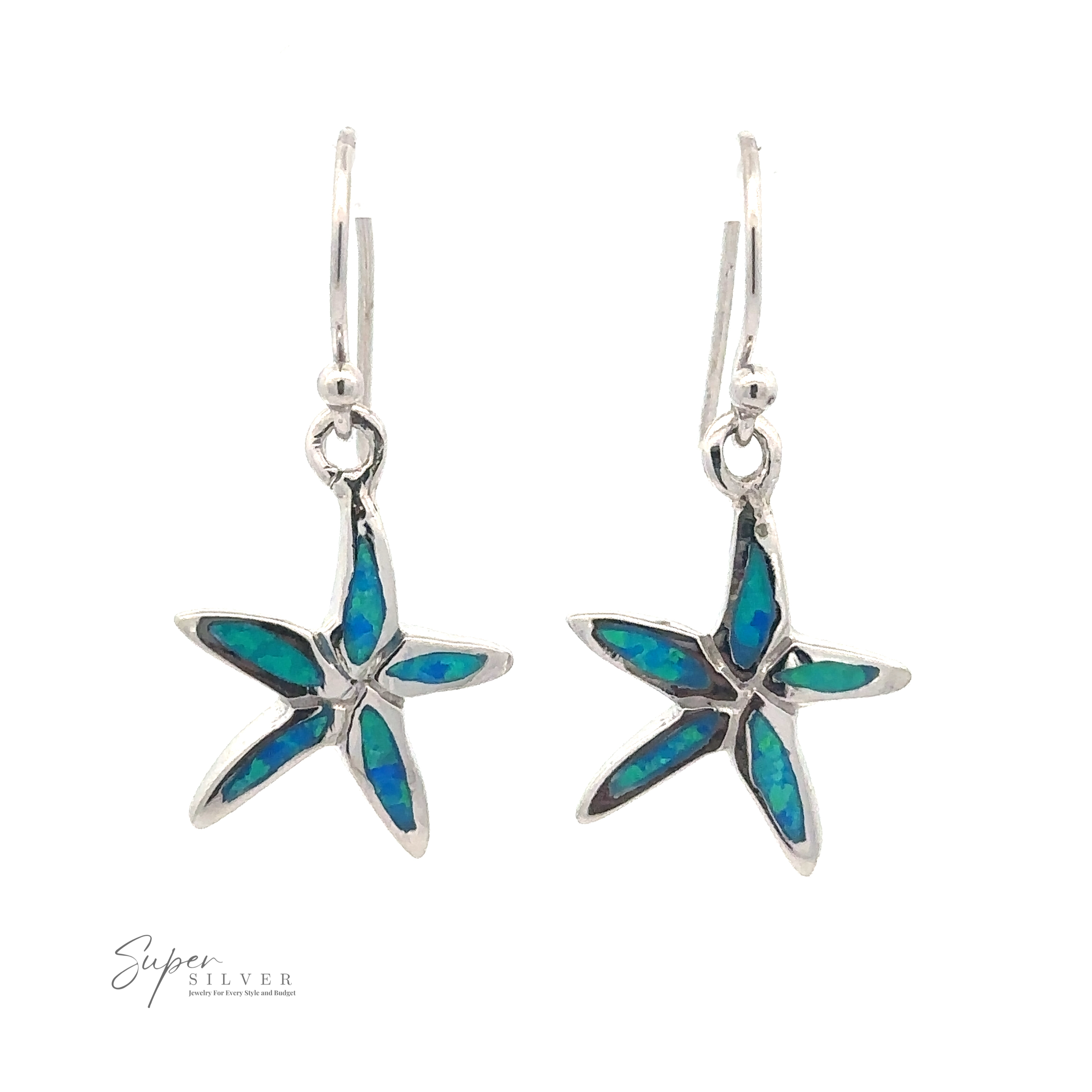 Pair of Lab-Created Opal Star Fish Earrings with dazzling blue and green accents.