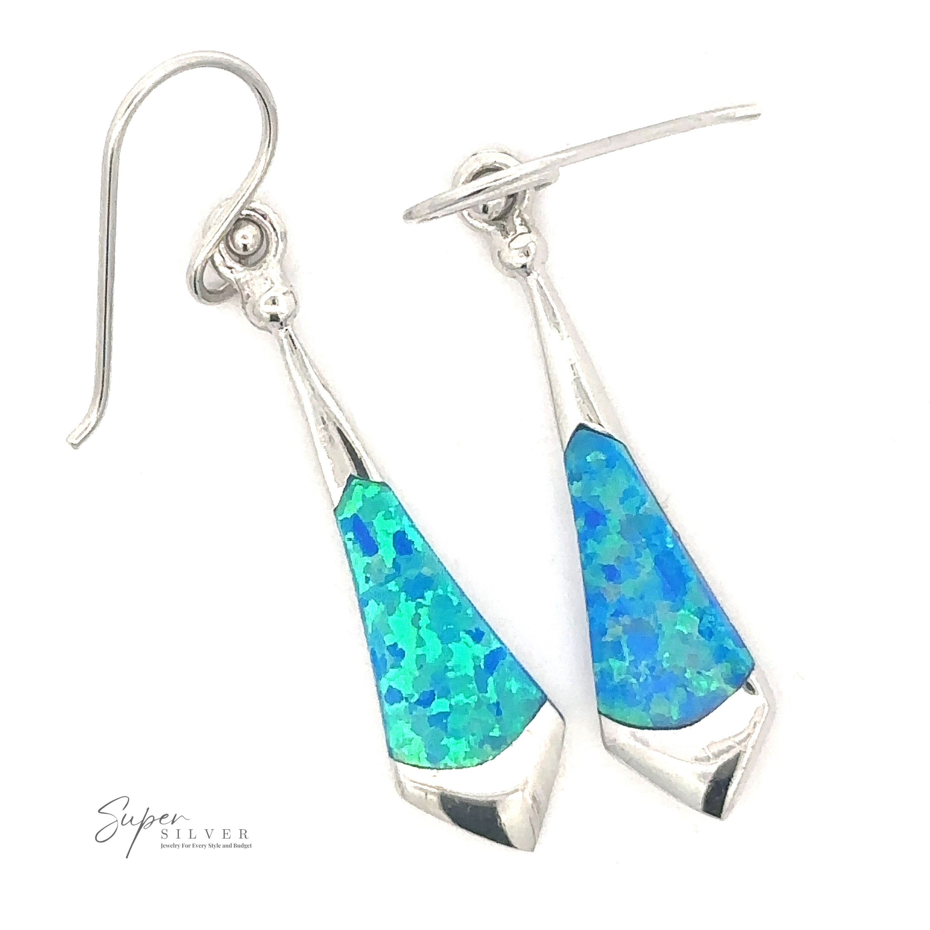 Pair of Lab-Created Opal Tie Earrings featuring blue and green created opal inlay with a geometric design. Hook-style closure. "Super Silver" logo in the corner.