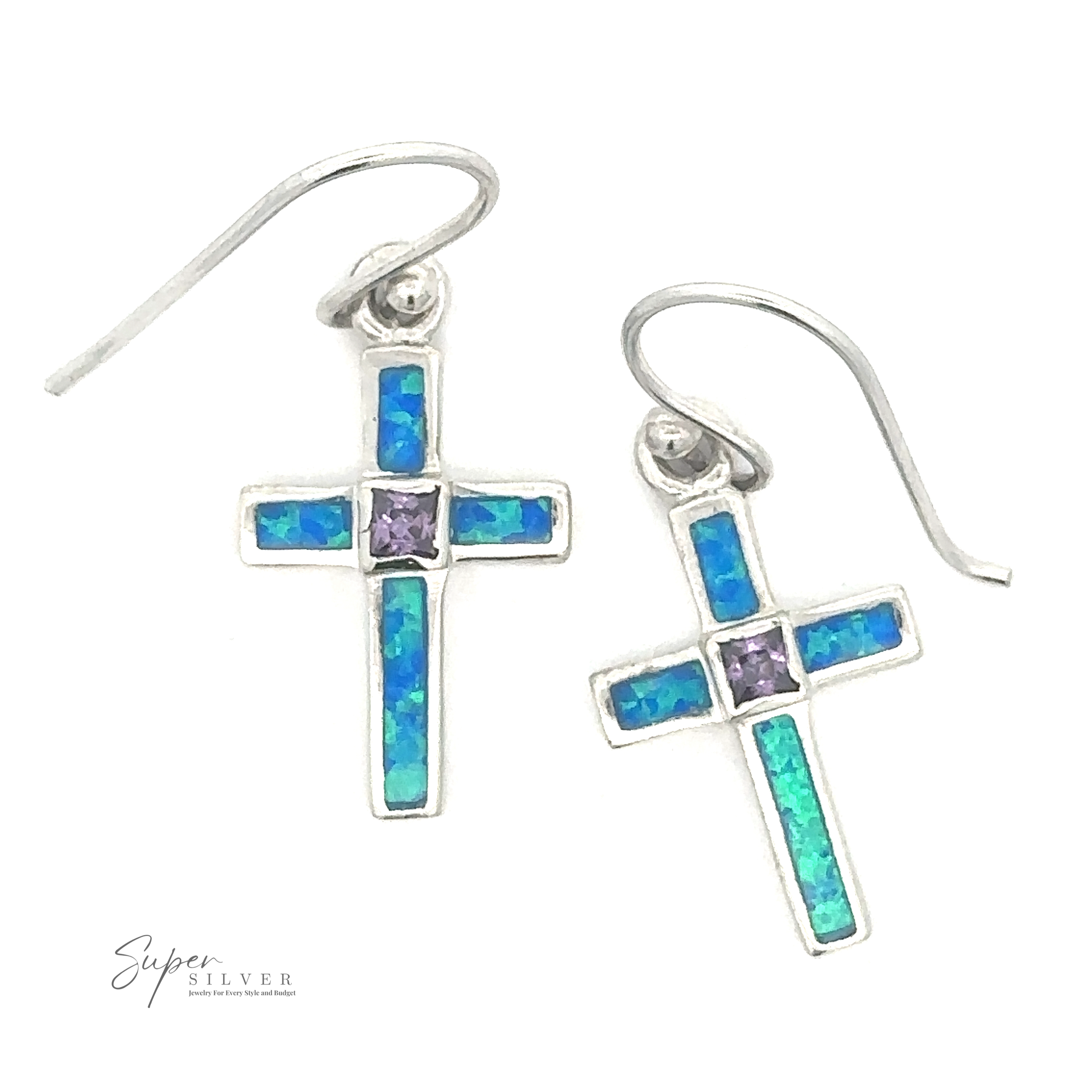 A pair of Blue Opal Cross Earrings With Amethyst Center Stone featuring blue opal and amethyst stones with hook fastenings. The logo "Super Silver" is in the bottom left corner.