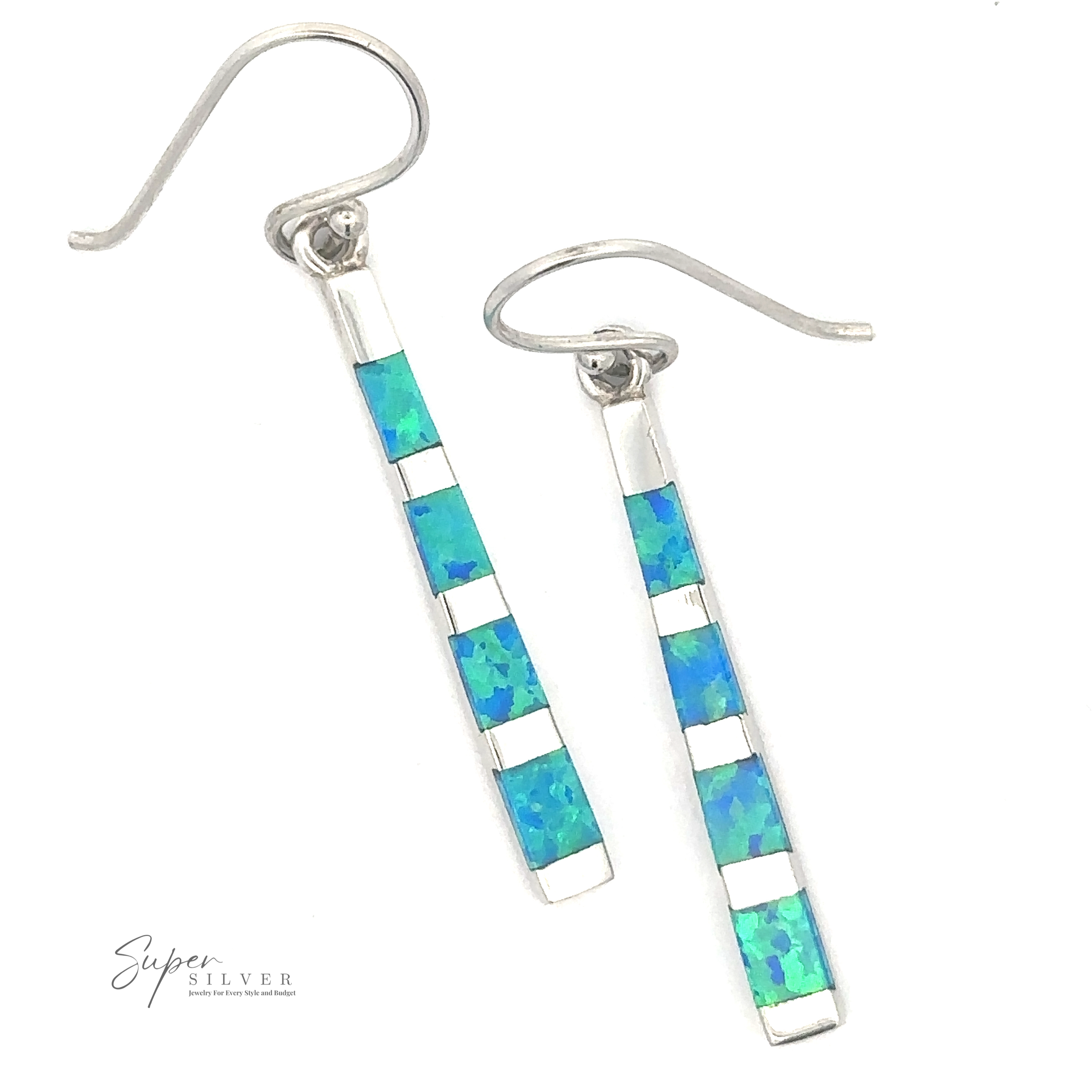 A pair of Blue Created Opal Rectangle Earrings with blue and green opal inlay rectangular accents against a white background. A logo with "Super Silver" is at the bottom left.