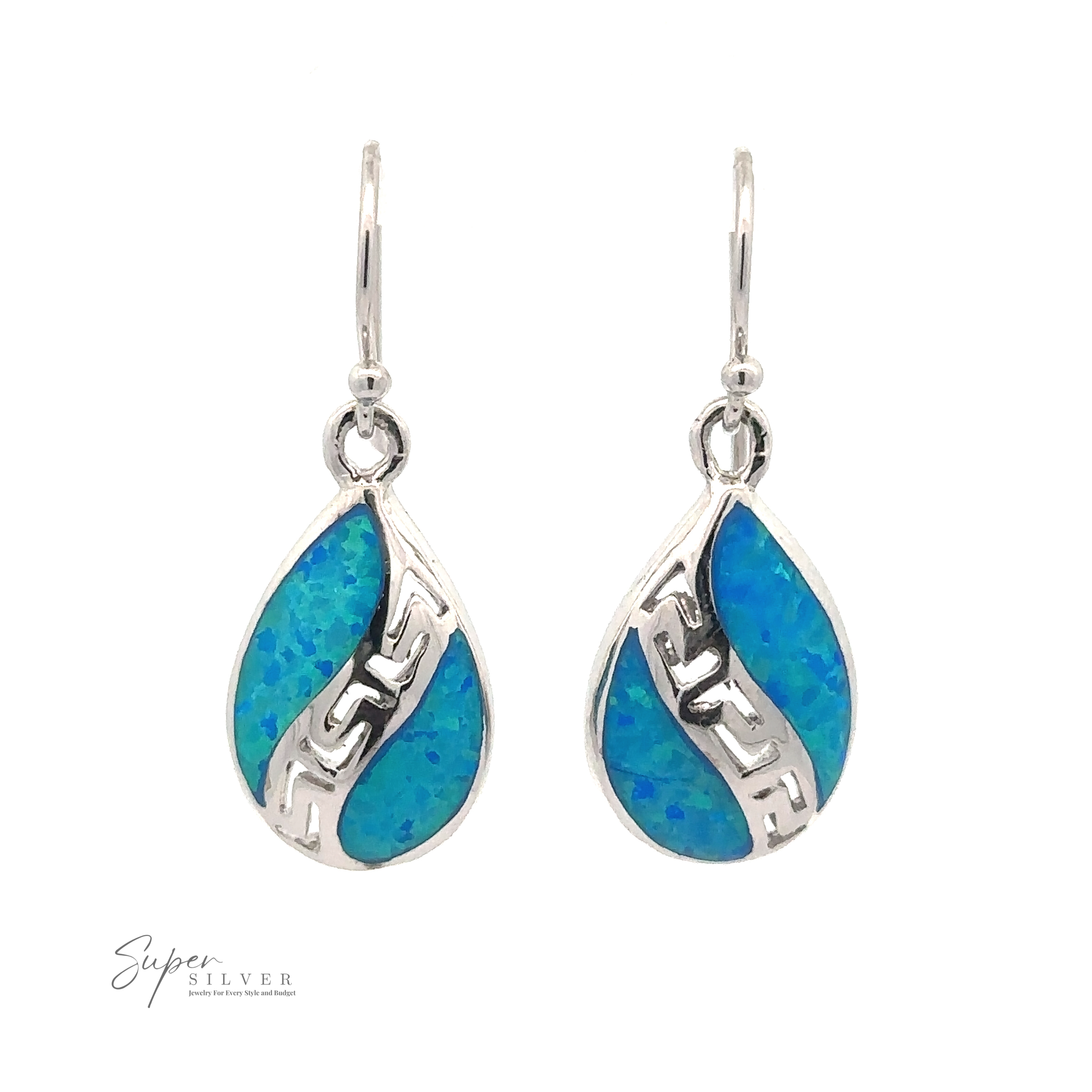 A pair of Lab-Opal Teardrop Earrings With Swirl Designs featuring blue inlay designs and silver accents, hanging from simple silver hooks, crafted with Rhodium Plated .925 Sterling Silver.
